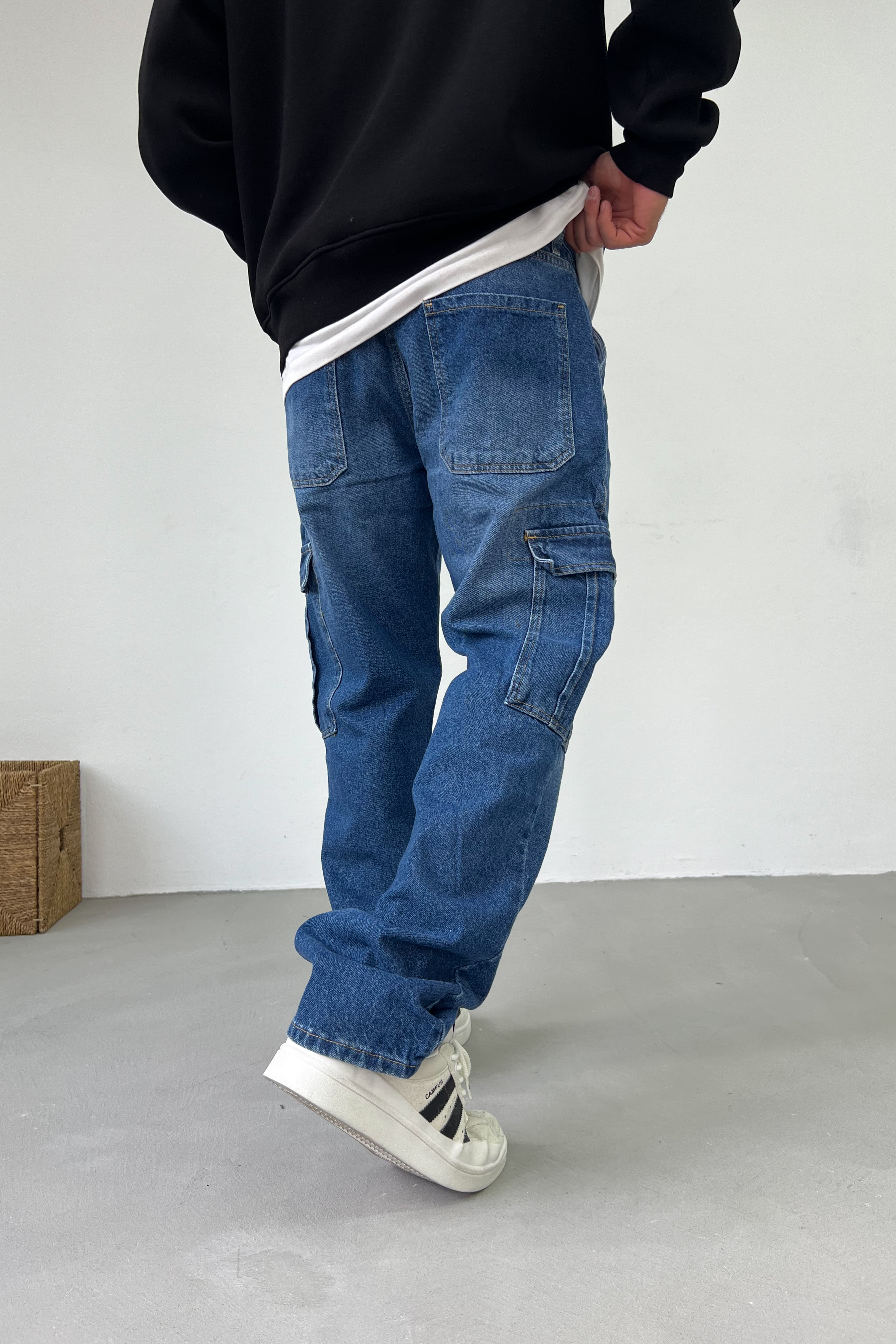 Taşlamalı Mavi Kargo Baggy Pantolon 16796-2