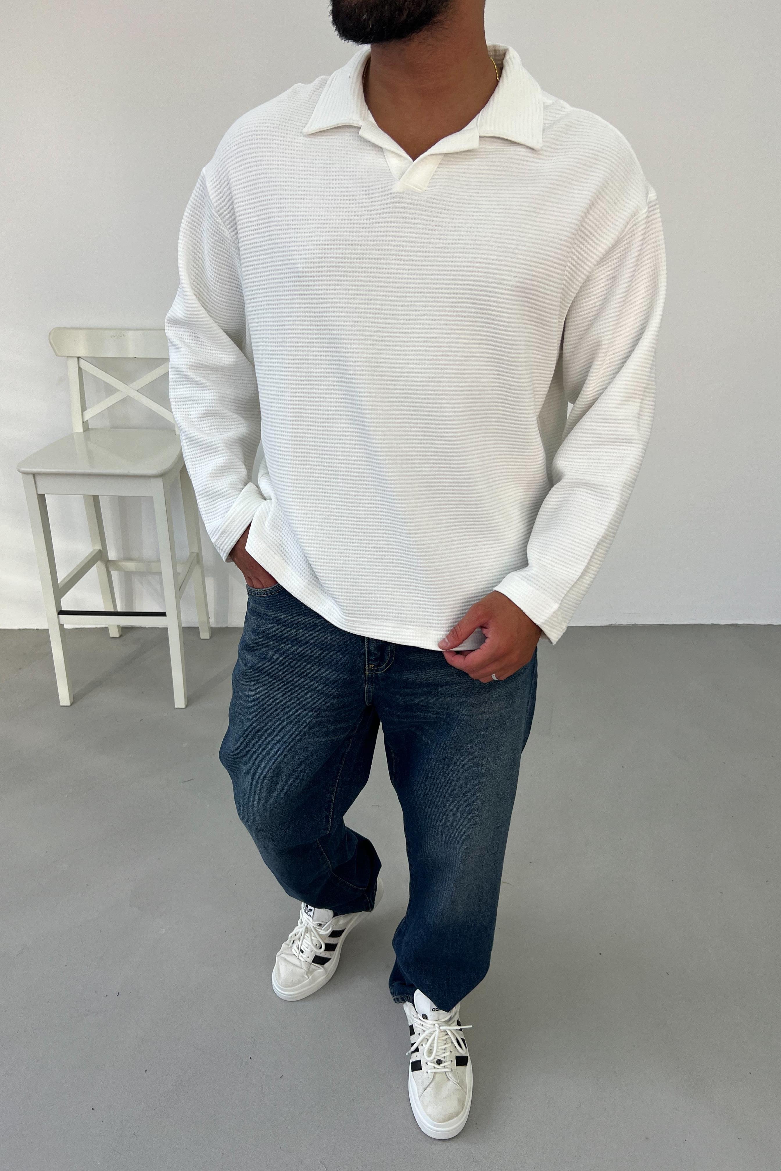 Waffle Kumaş Beyaz Polo Yaka Oversize Sweatshirt 1572