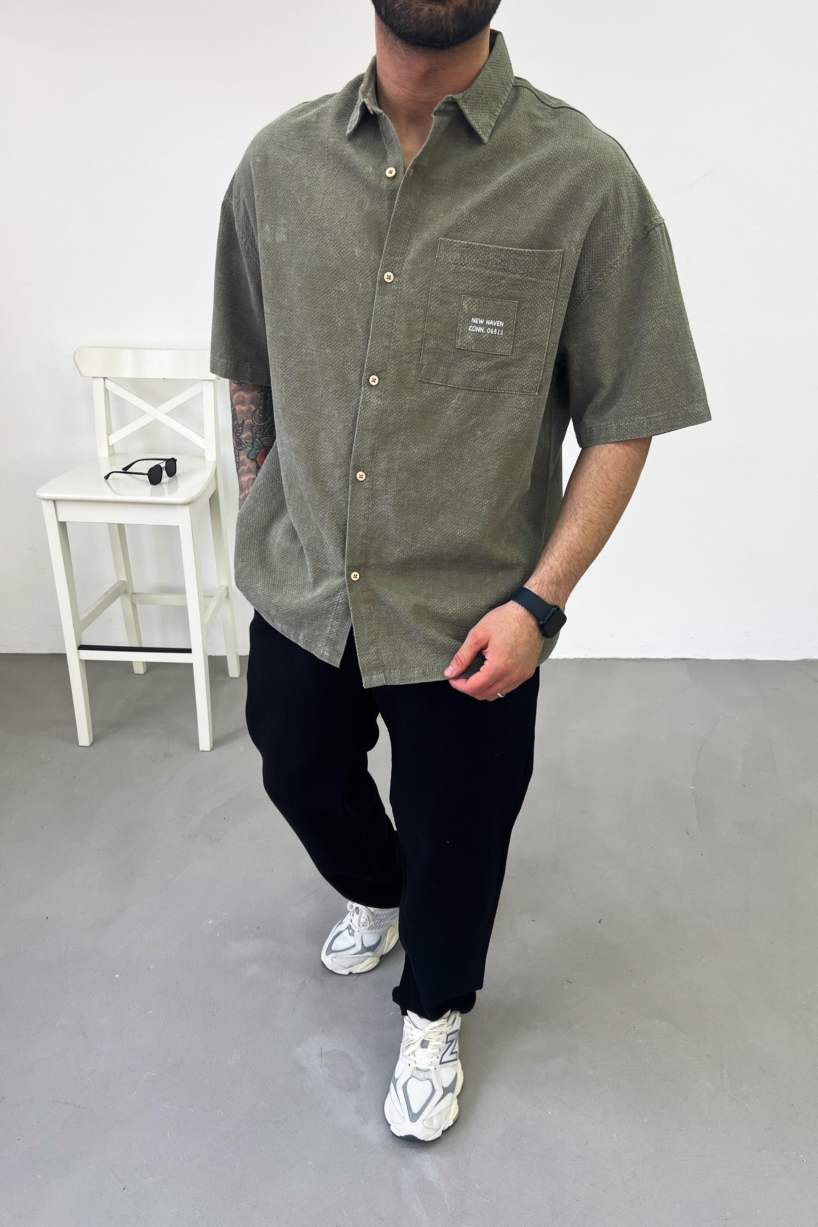 Yazı Detaylı Yıkamalı Oversize Gömlek 40-12 - Haki