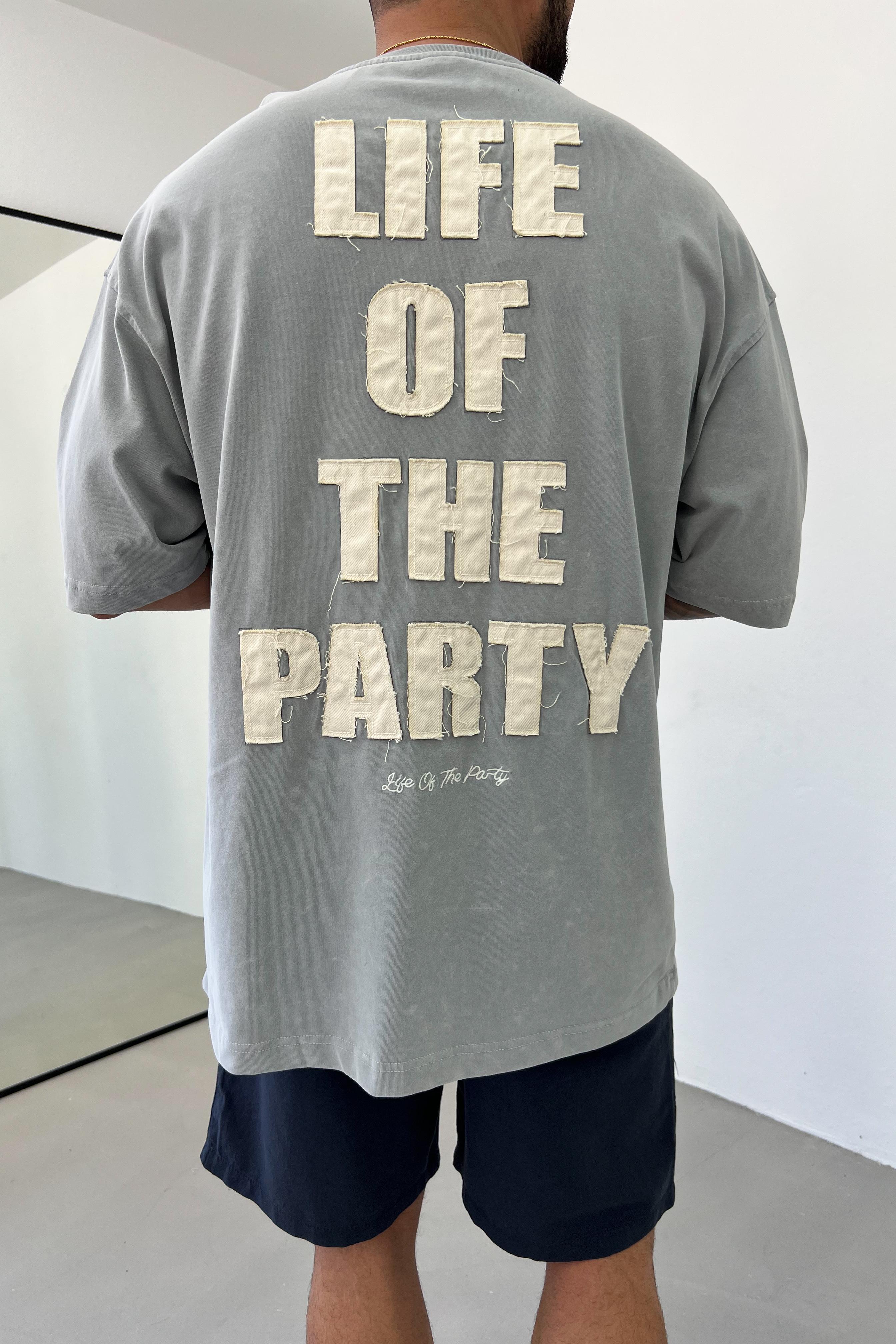Life Of Party Nakışlı Yıkamalı Oversize Tshirt E71-29 - Gri