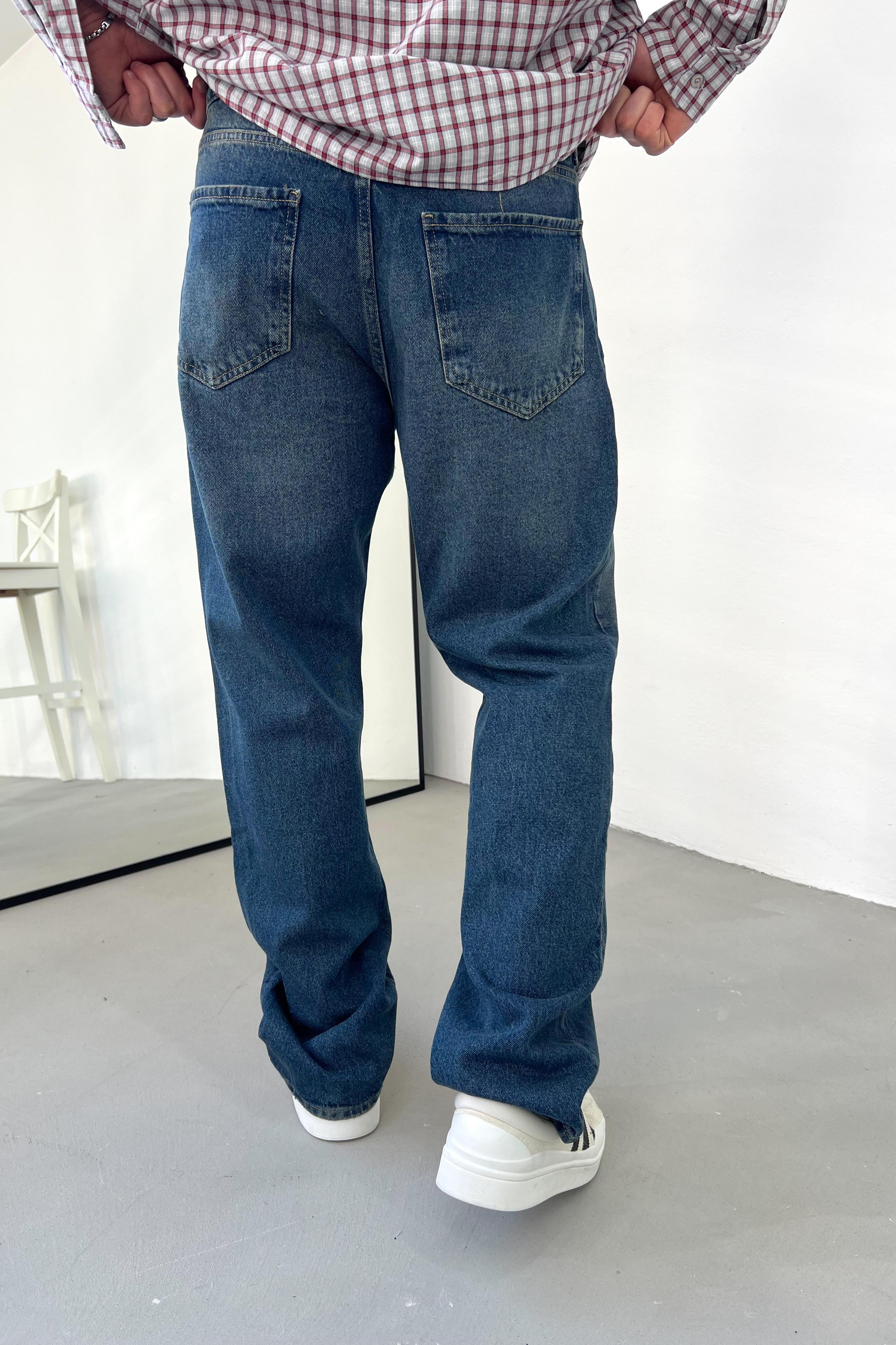 Eskitme Detaylı Mavi Baggy Pantolon 16606-STD