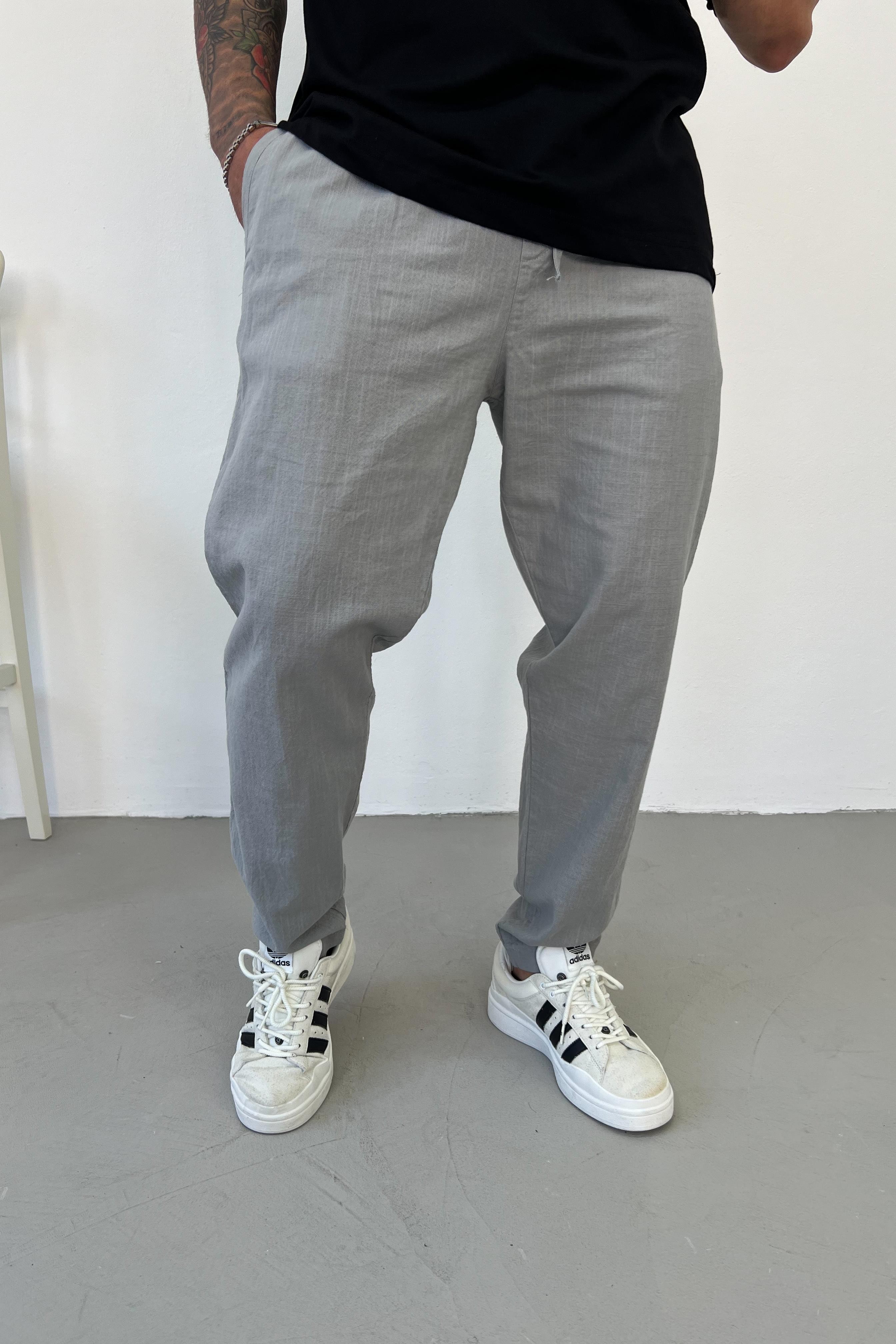 Beli Lastikli Gri Keten Pantolon 4038