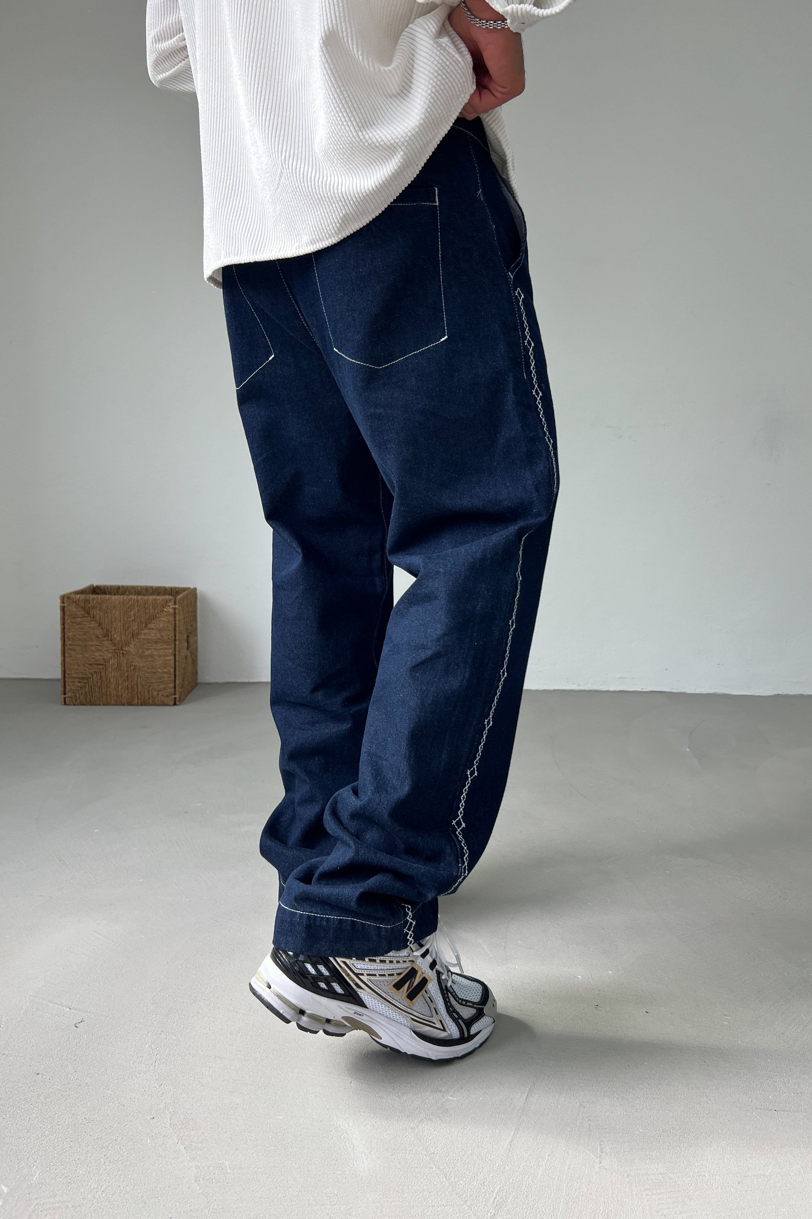 Nakış Desenli Lacivert Baggy Pantolon 3172