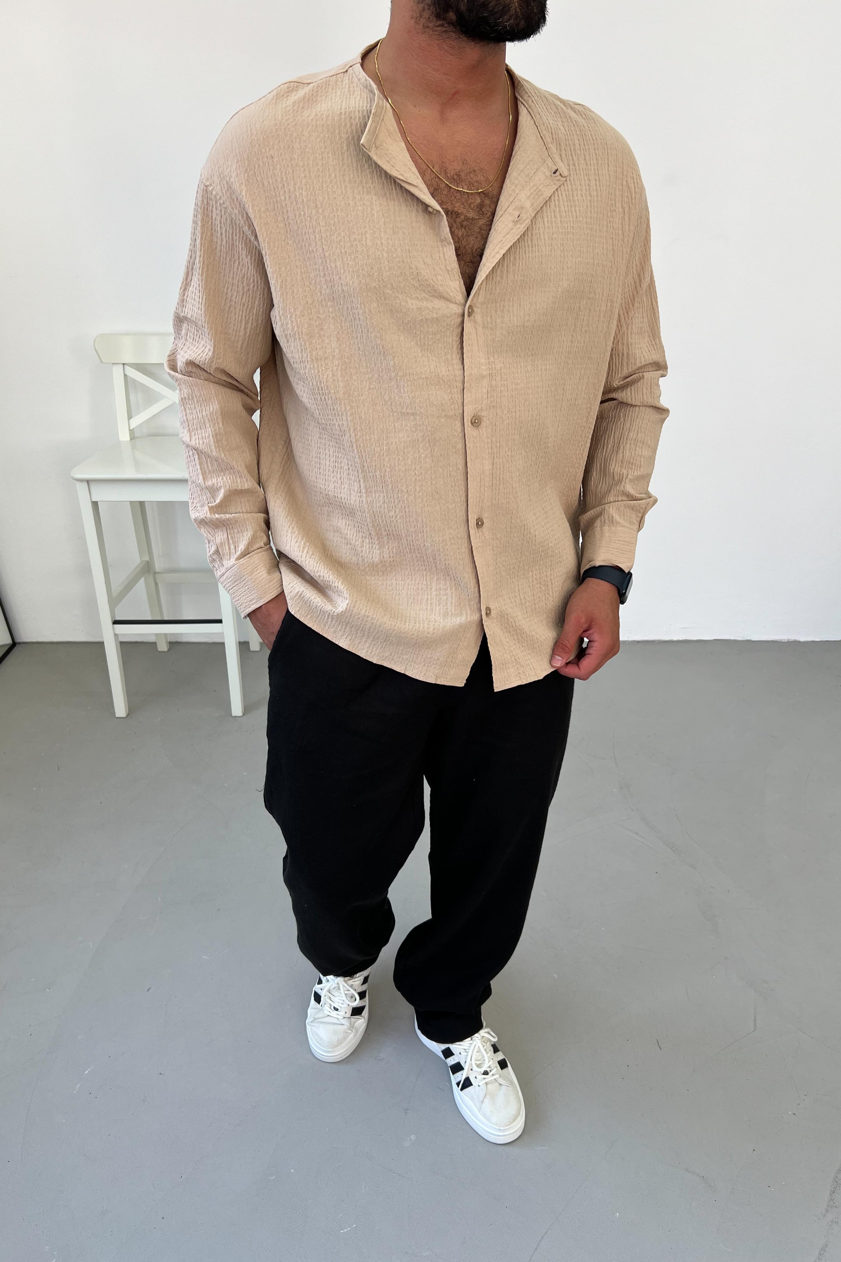 Müslin Kumaş Kahve Oversize Yakasız Gömlek 127