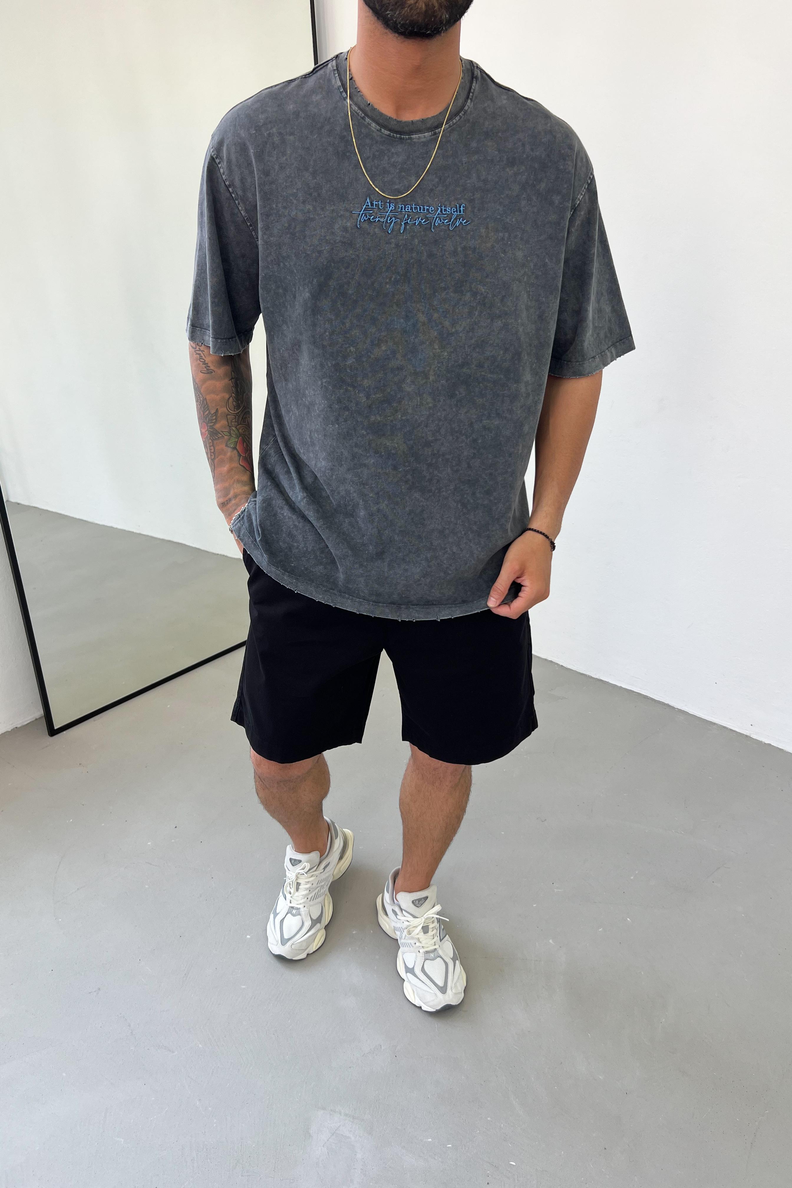 El Çizim Desenli Yıkamalı Oversize Tshirt 1176 - Siyah
