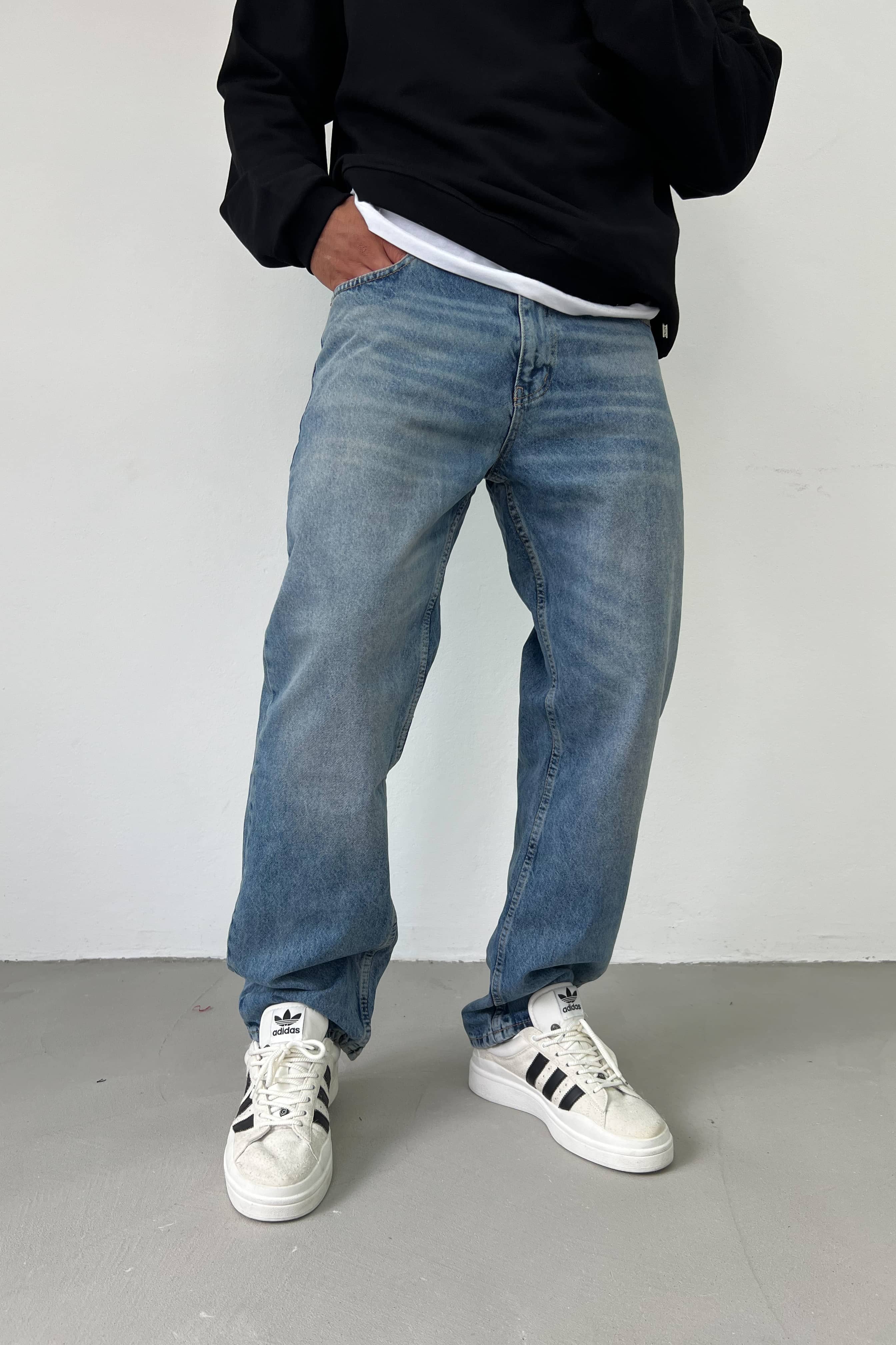 Taşlamalı Eskitme Mavi Baggy Pantolon 7358