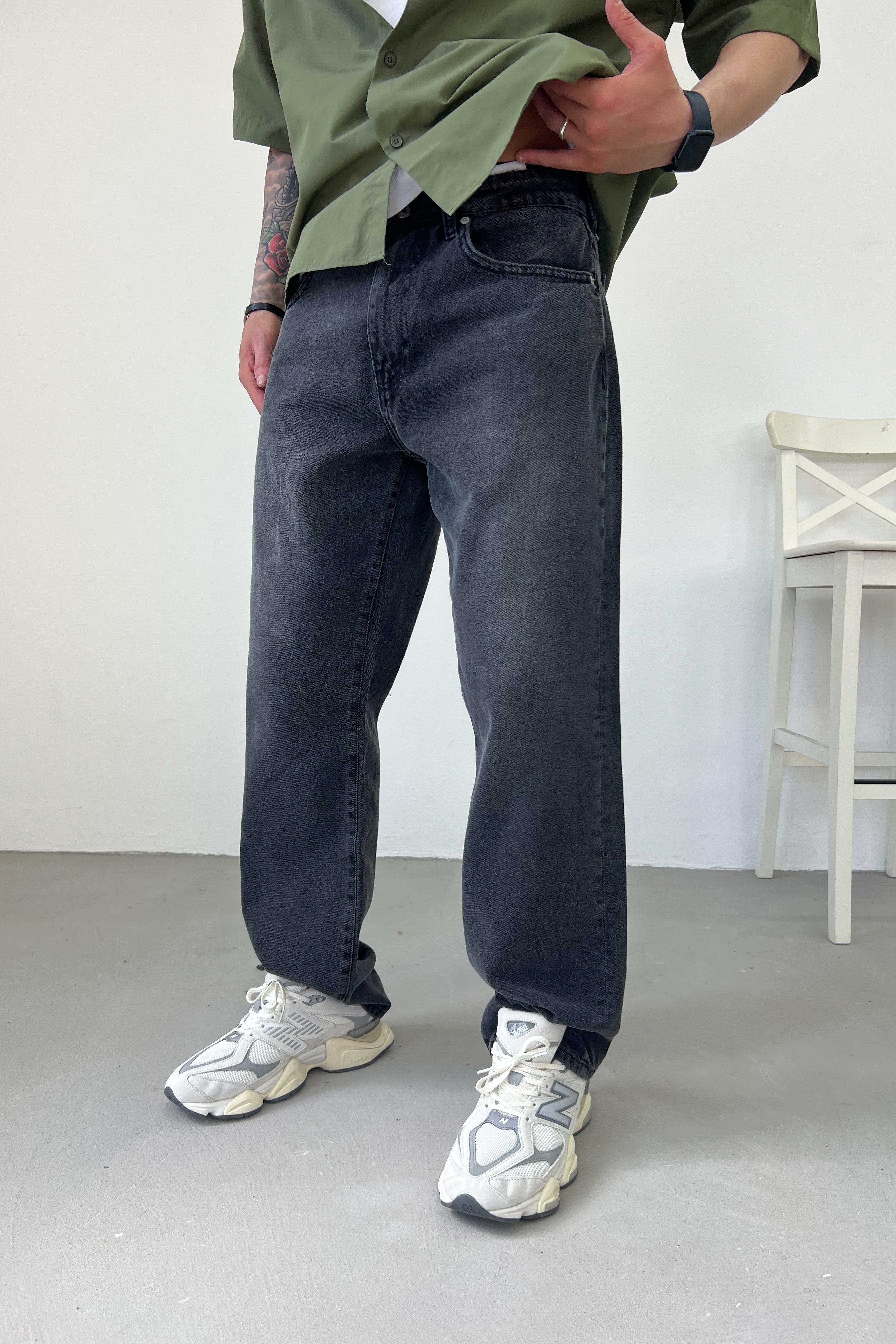 Taşlamalı Füme Baggy Pantolon 16728-3