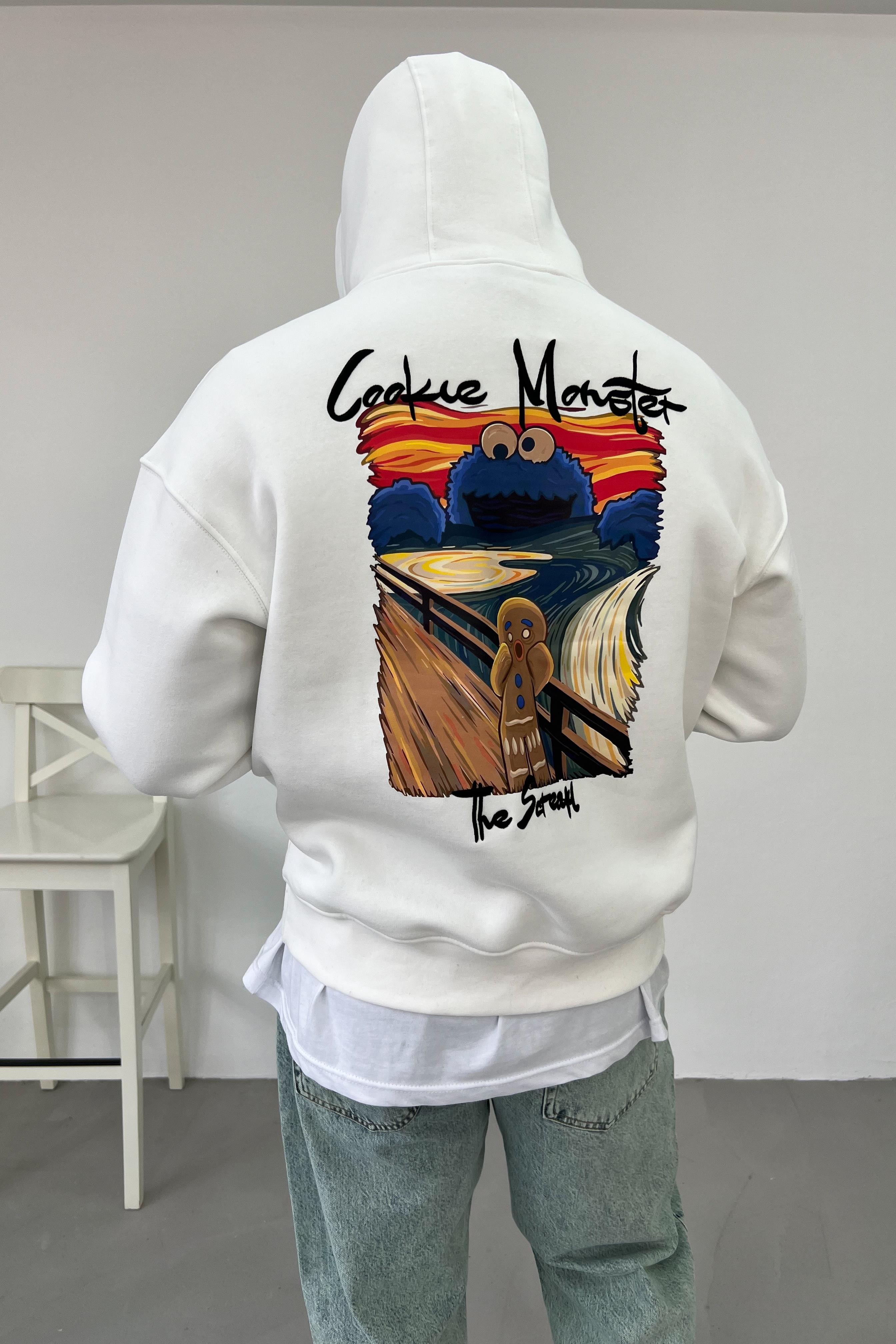 Cookie Monster Baskılı Oversize Beyaz Sweatshirt 1515