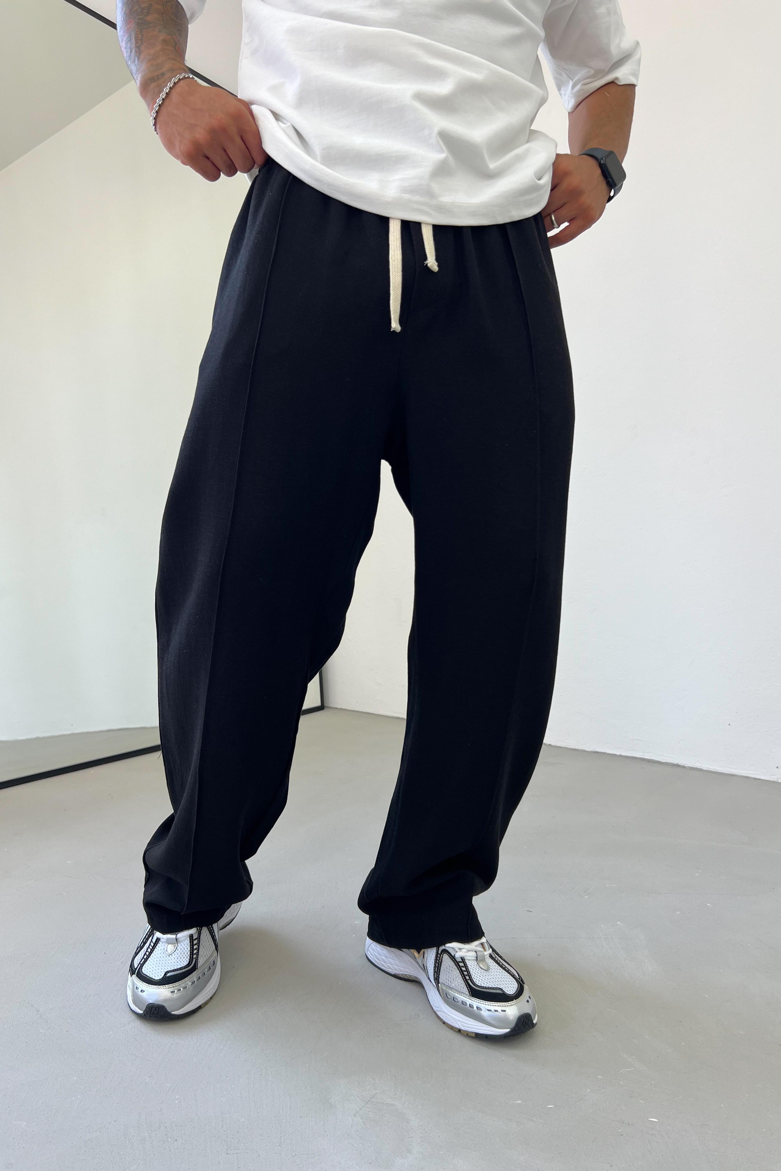 Dikiş Detaylı Keten Baggy Pantolon 40-16 - Siyah
