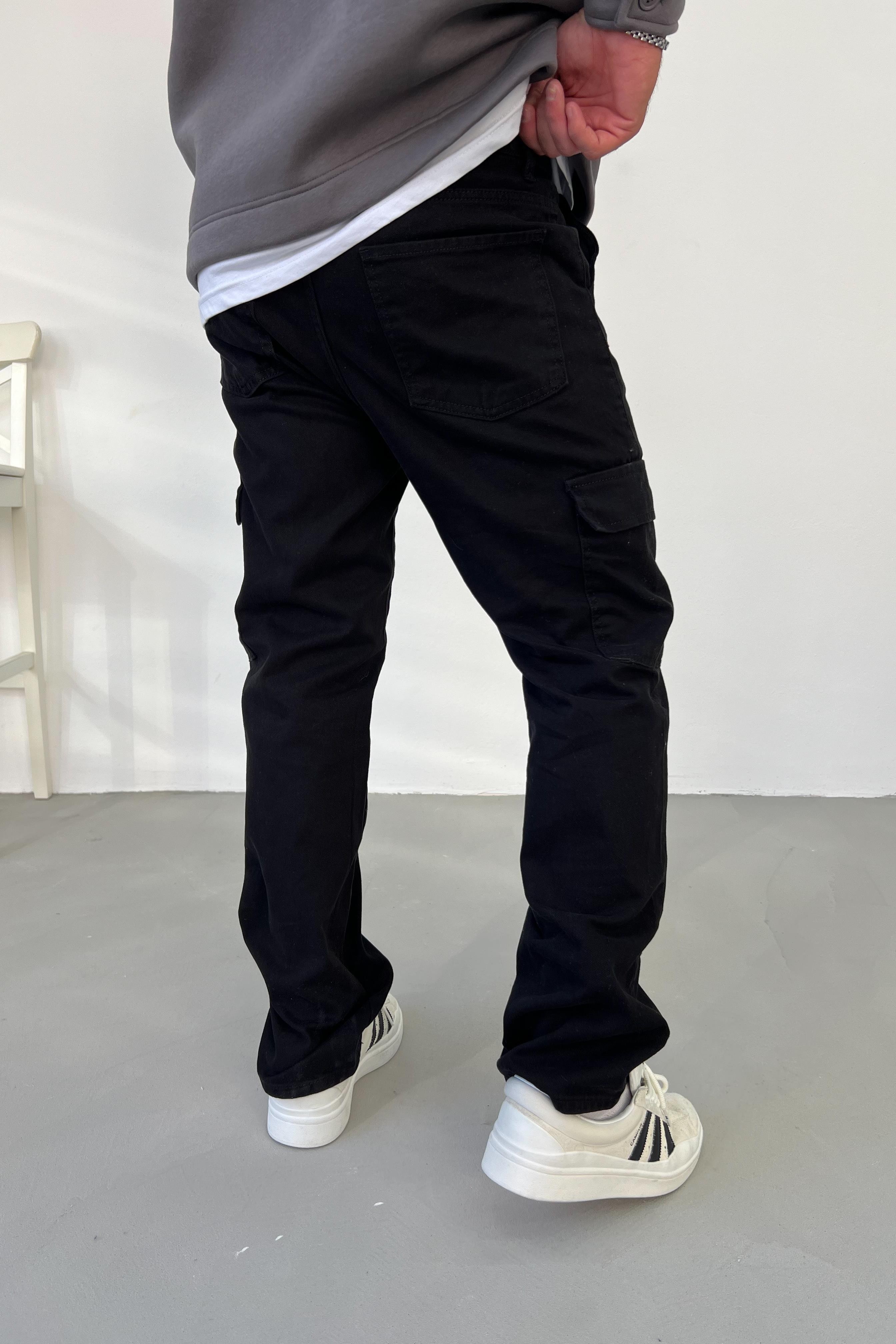 Gabardin Kumaş Siyah Kargo Baggy Pantolon 2225