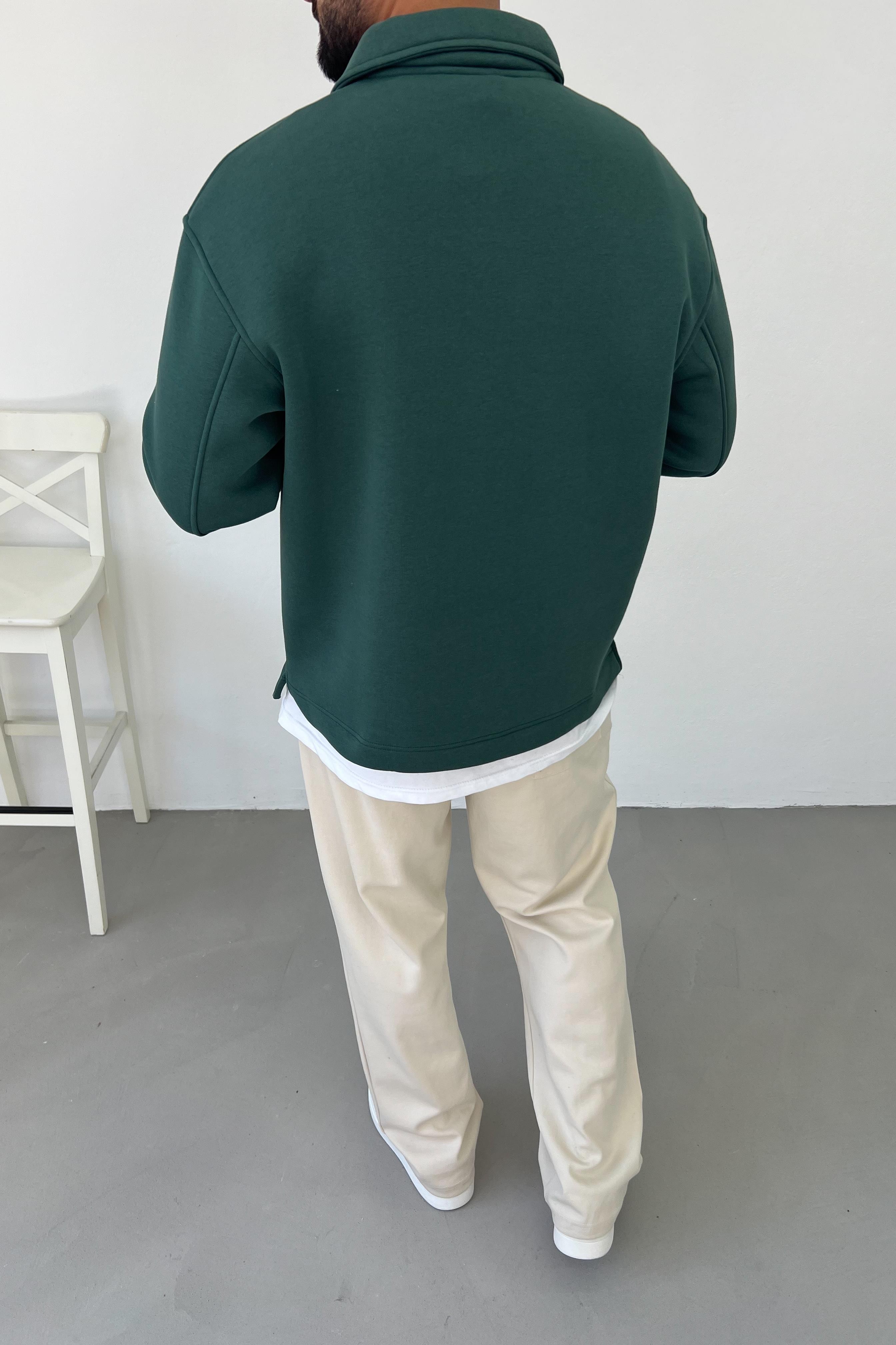 Basic Polo Yaka Koyu Yeşil Oversize Sweatshirt 1562