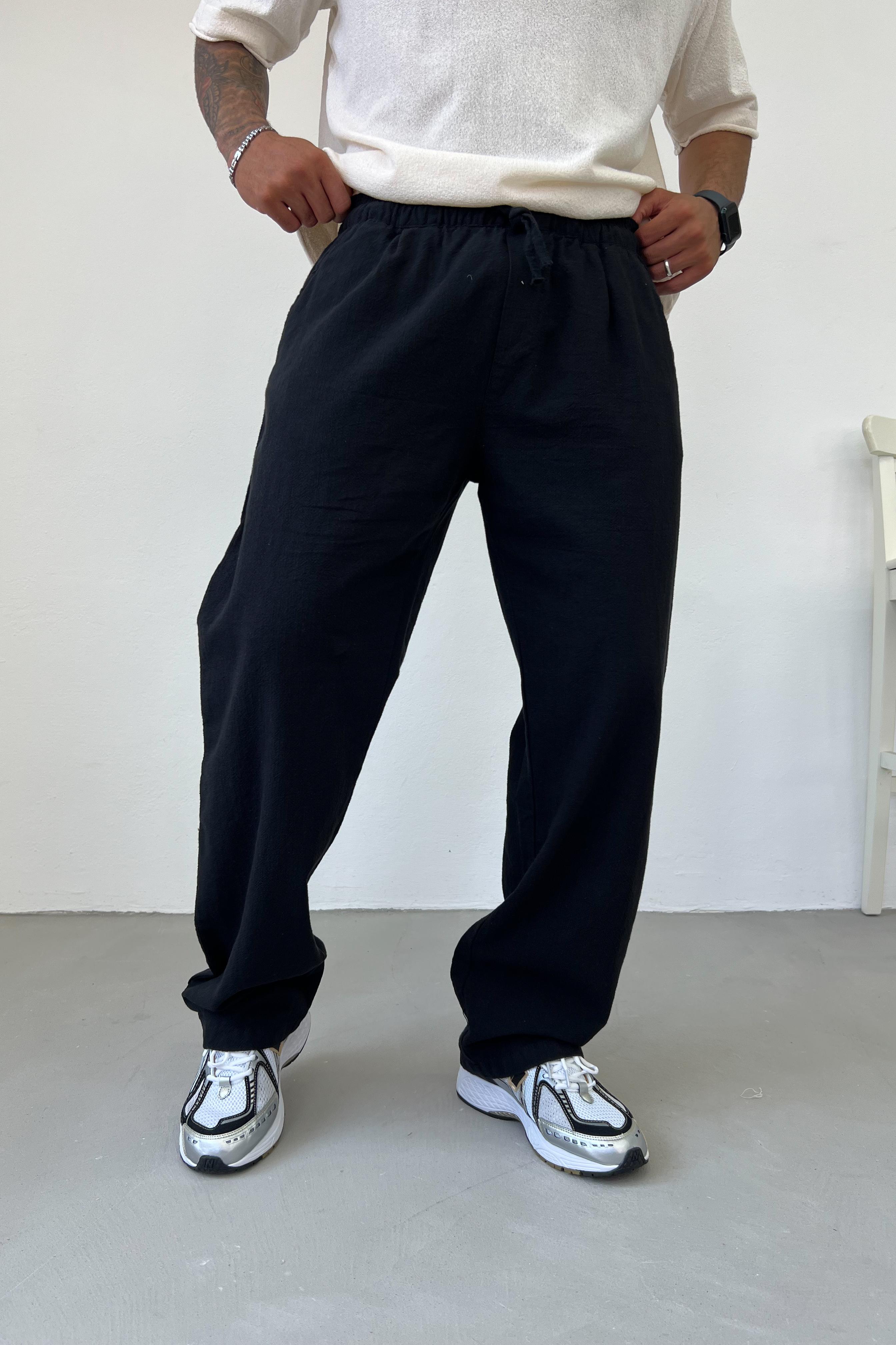 Flam Keten Baggy Pantolon 1031 - Siyah