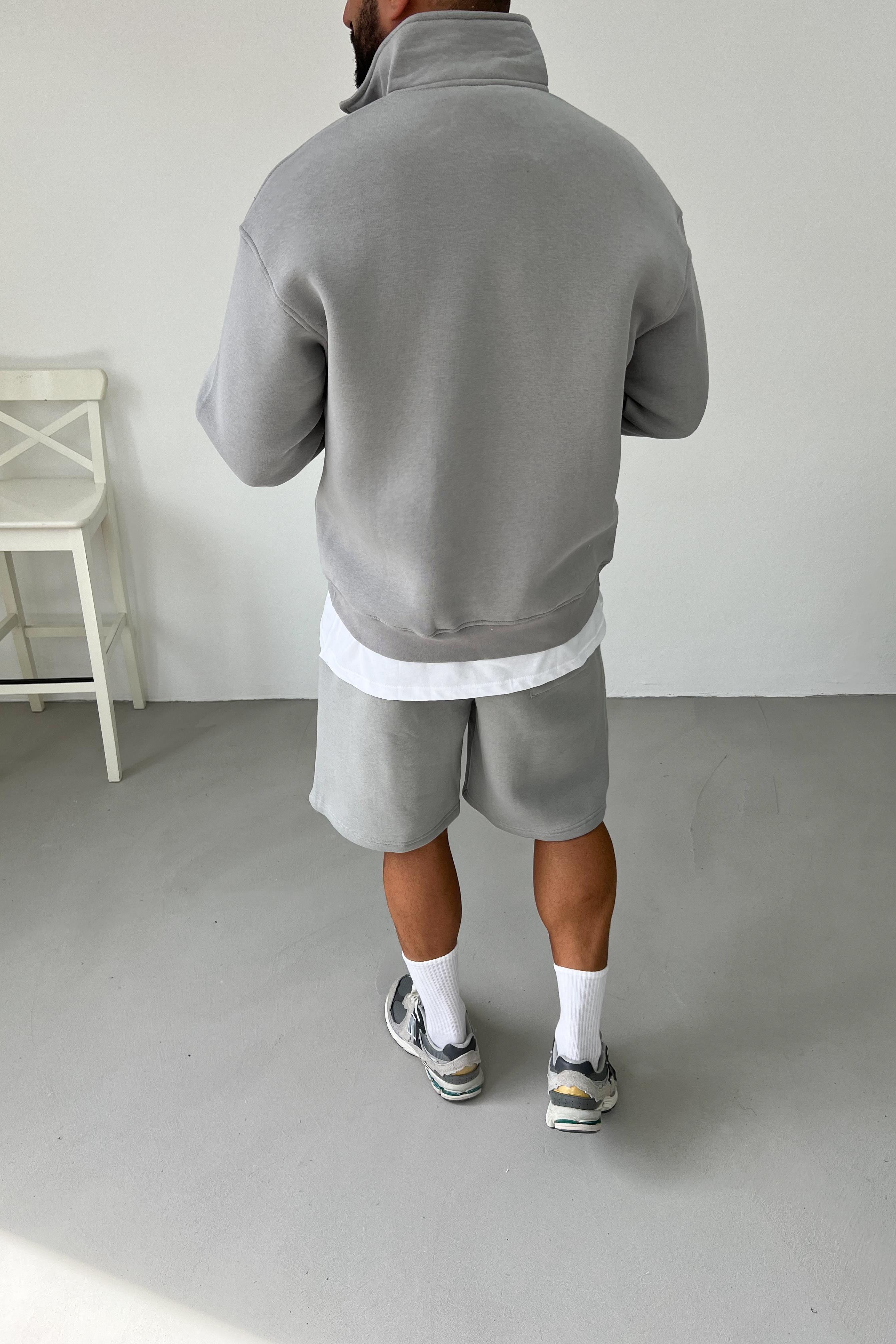 Enjeksiyon Baskılı Yarım Fermuarlı Oversize Gri Sweatshirt 1528