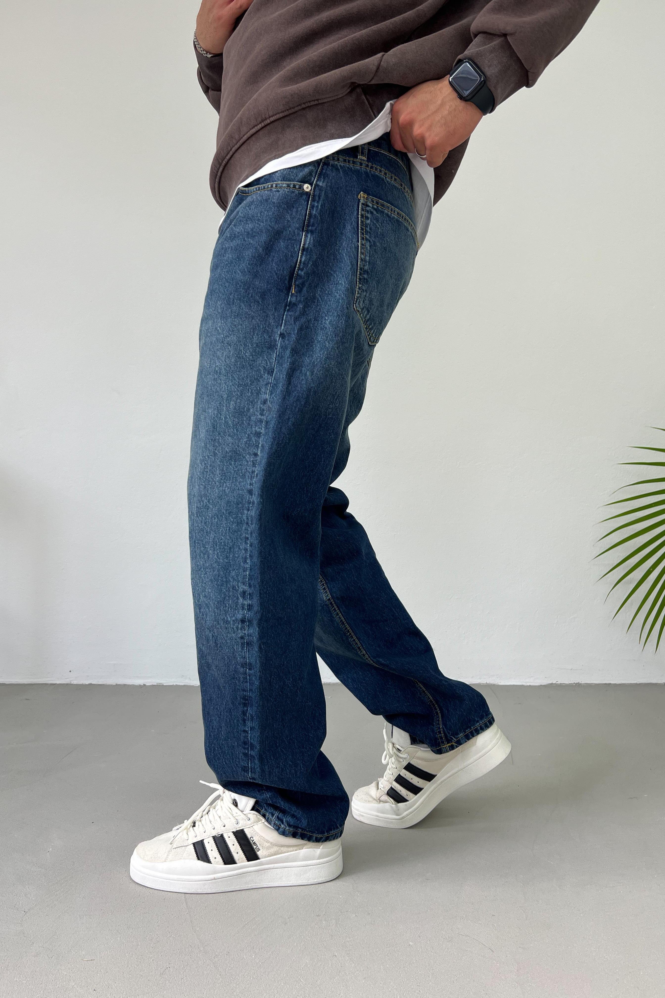 Taşlamalı Mavi Baggy Pantolon 16571-4