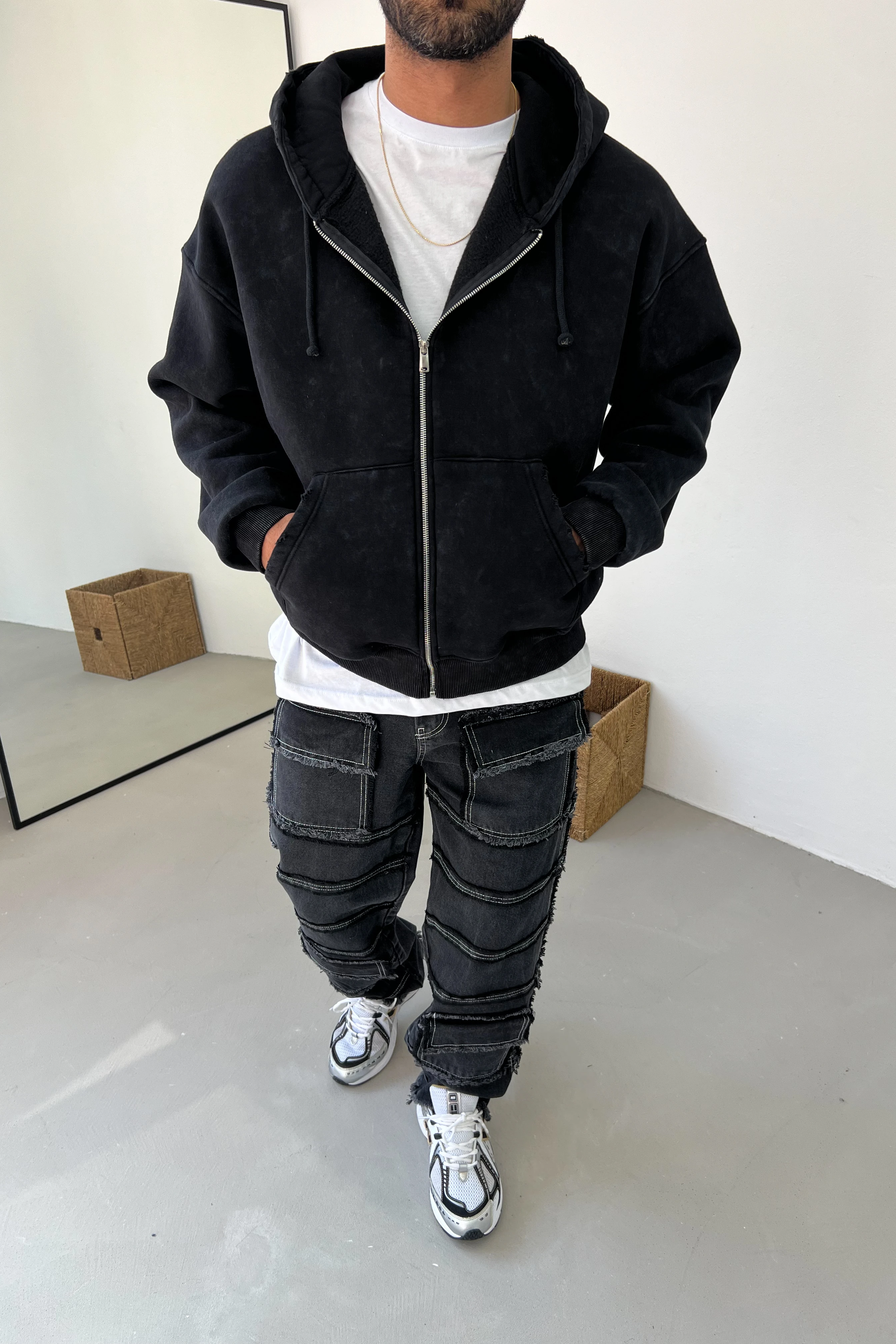 Yıkamalı Fermuarlı Oversize Kapüşonlu Sweatshirt 80-13