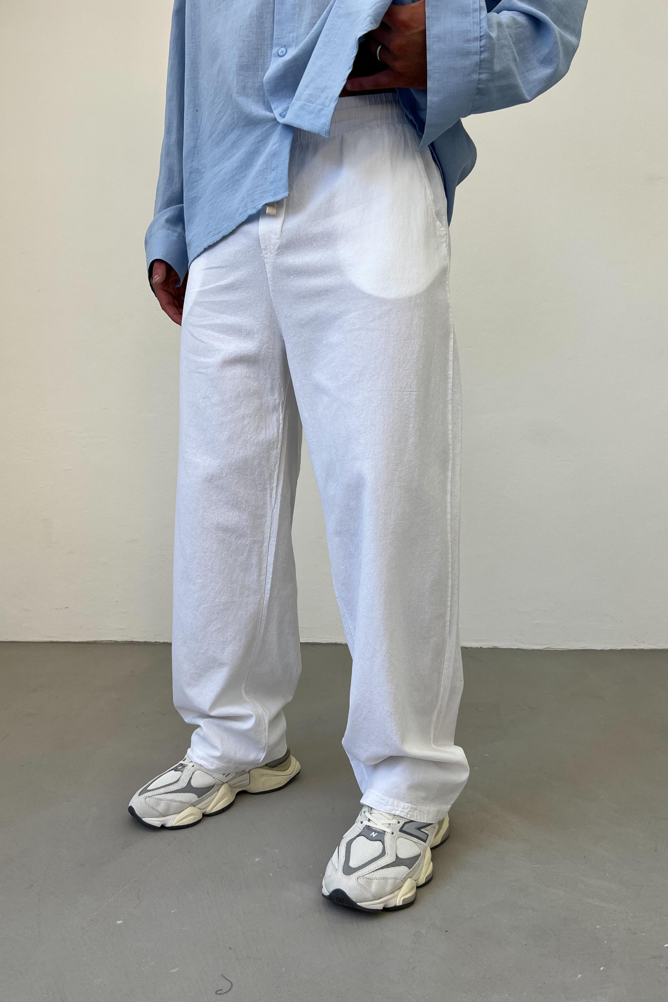 Basic Keten Baggy Pantolon E80-15 - Beyaz