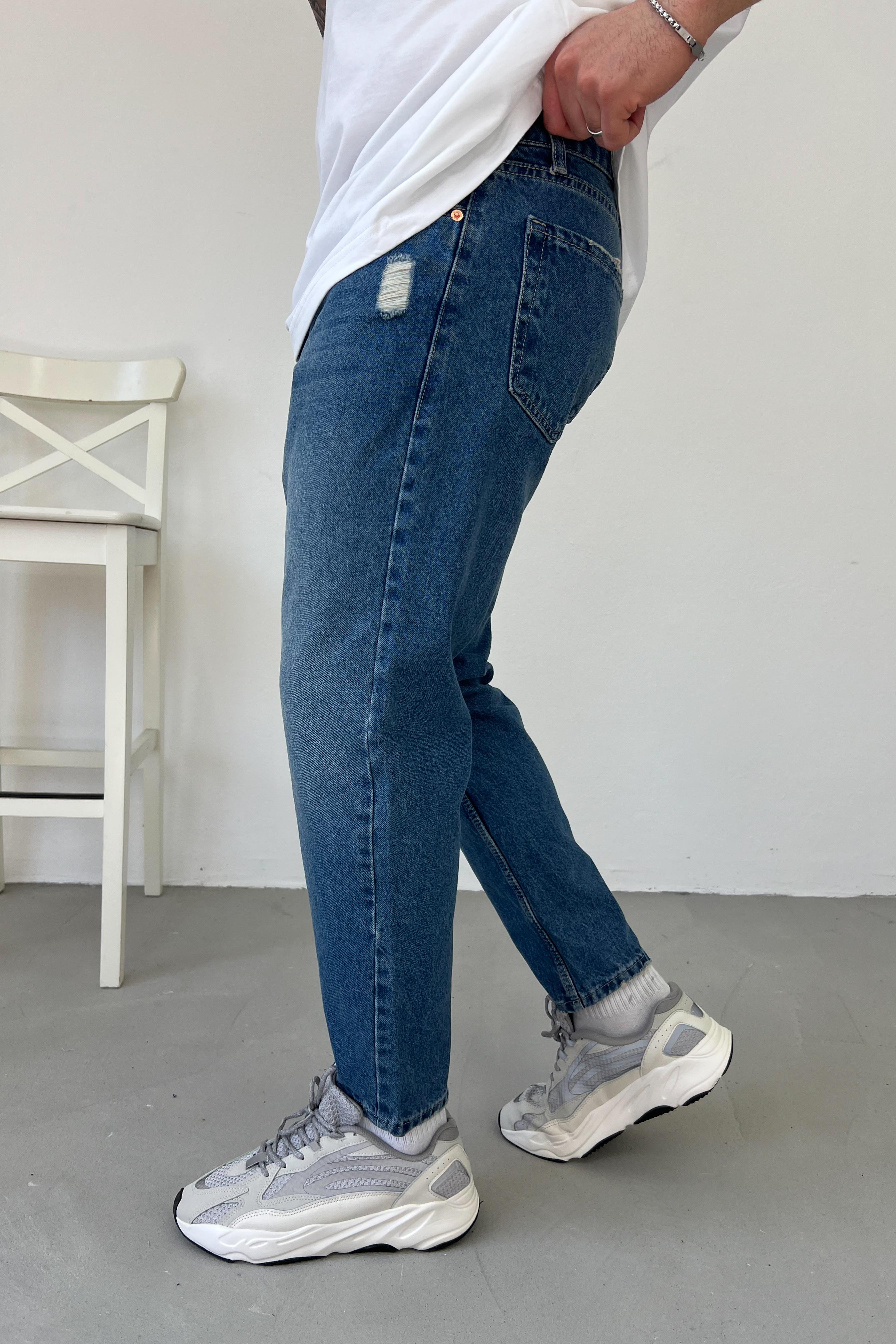 Yırtık Detaylı Taşlamalı Mavi Boyfriend Pantolon 2707-4