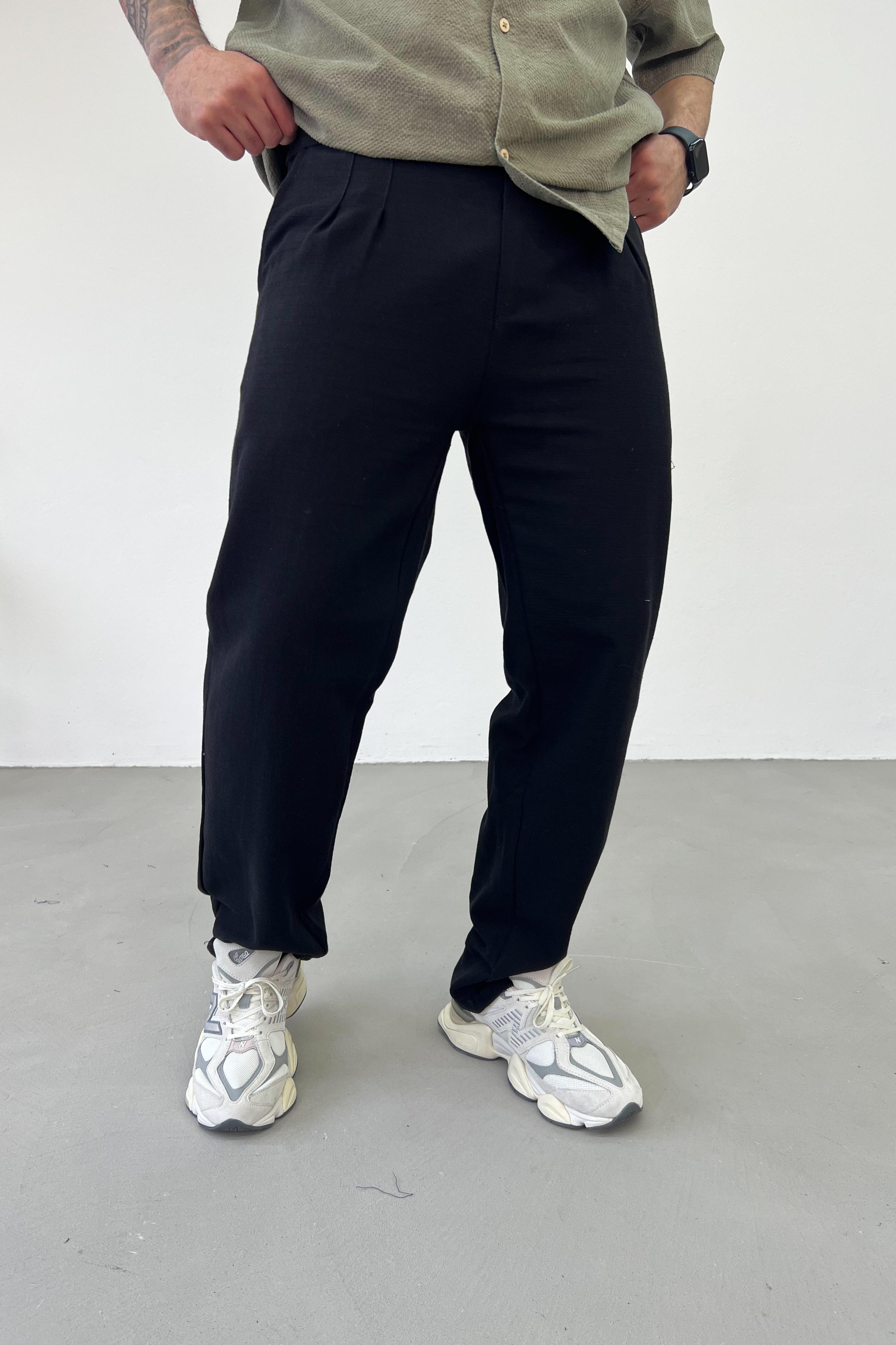 Pileli Keten Baggy Pantolon 0011 - Siyah
