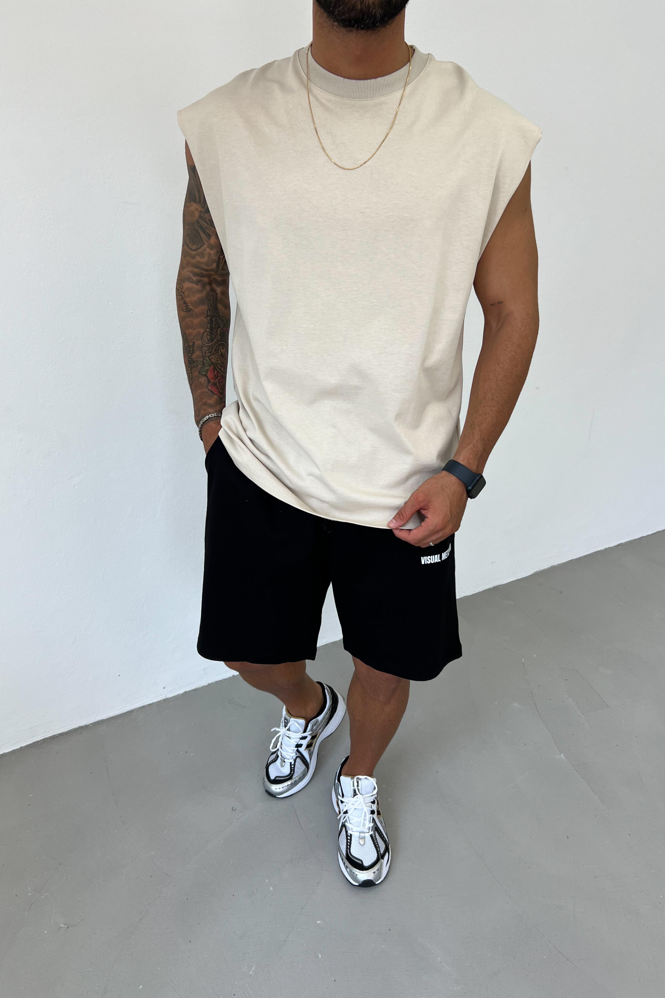 Oversize Basic Kolsuz Tshirt 20-68 - Bej