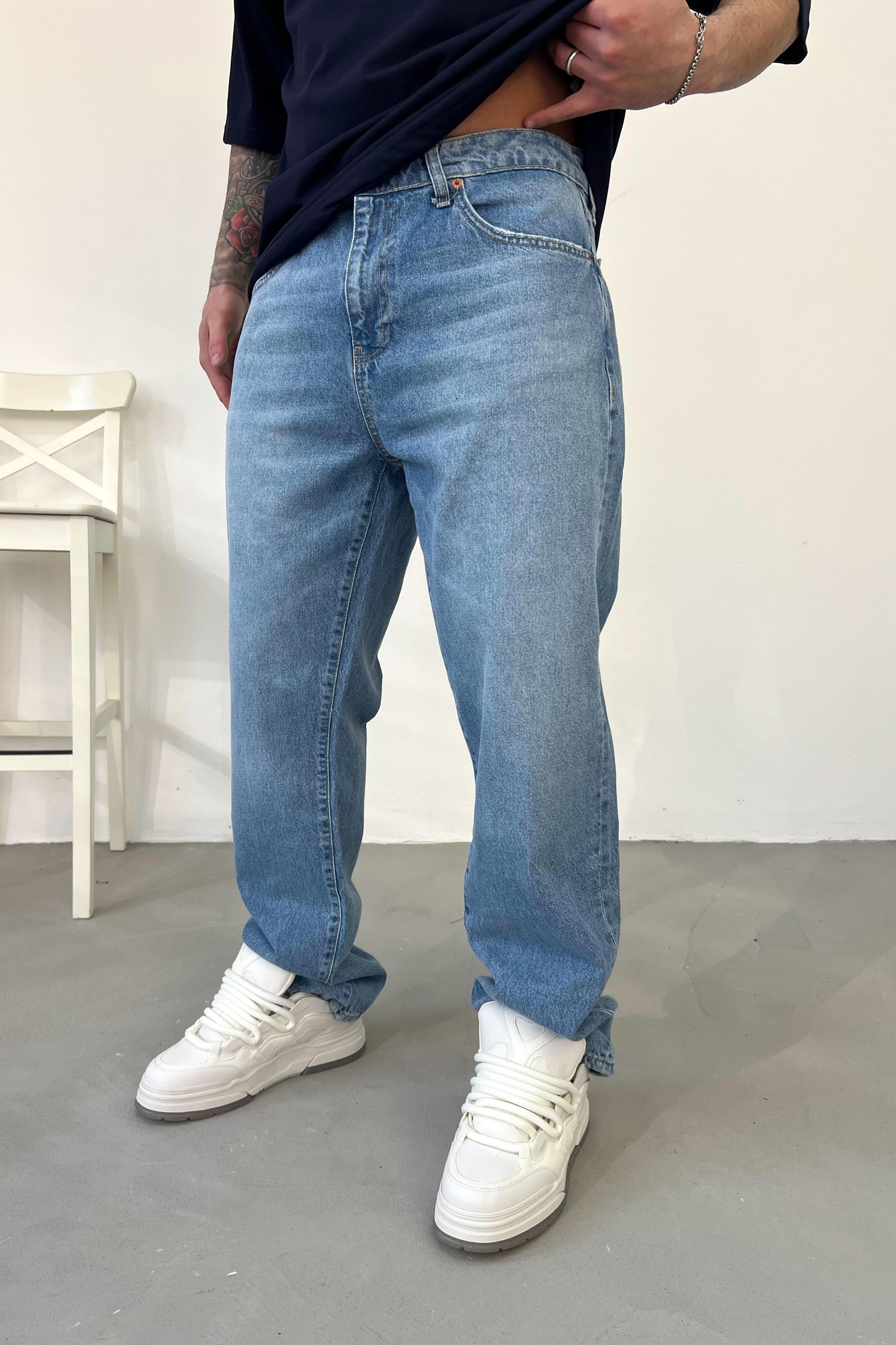 Taşlamalı Mavi Baggy Pantolon 16619-STD