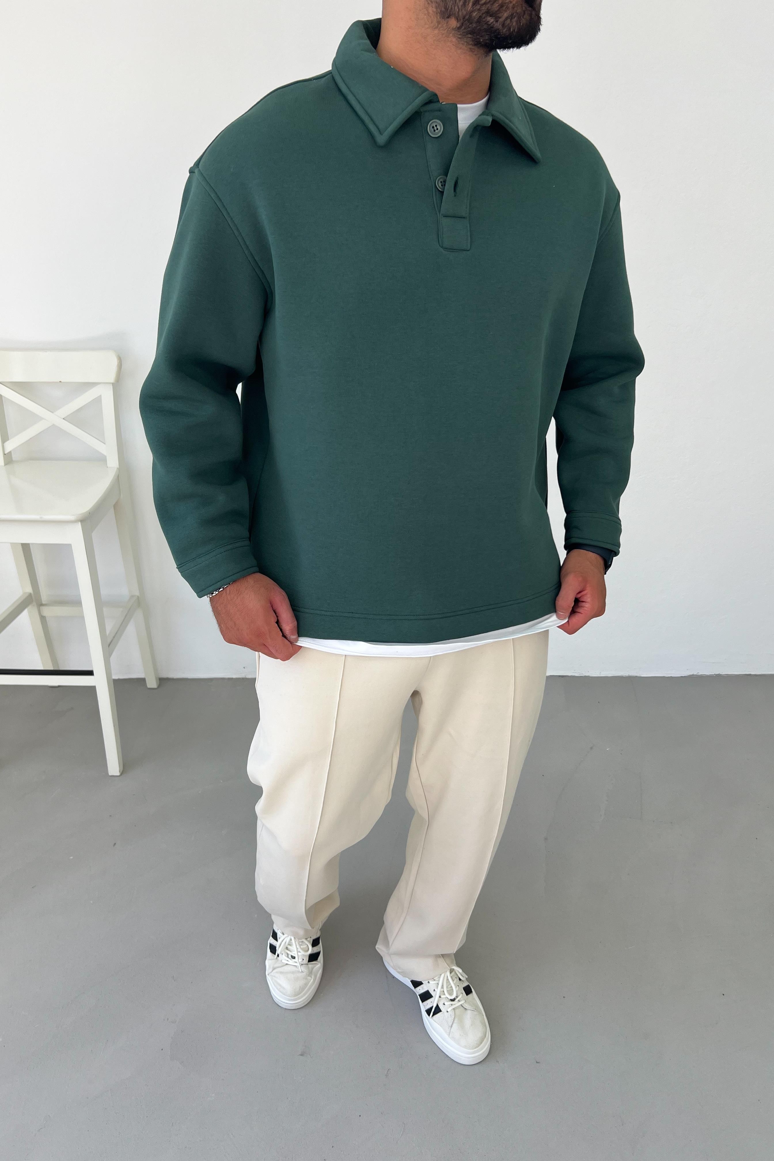 Basic Polo Yaka Koyu Yeşil Oversize Sweatshirt 1562