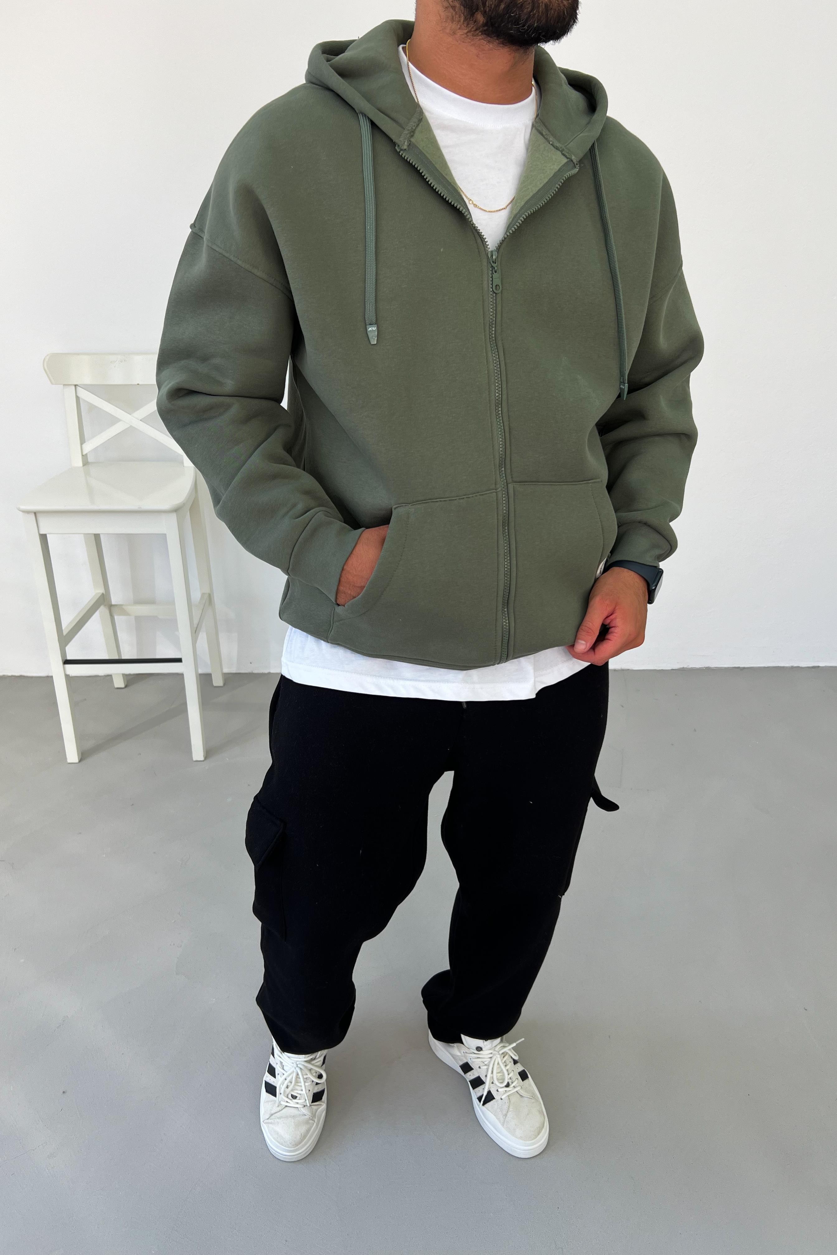 Fermuarlı Oversize Haki Basic Sweatshirt 1375