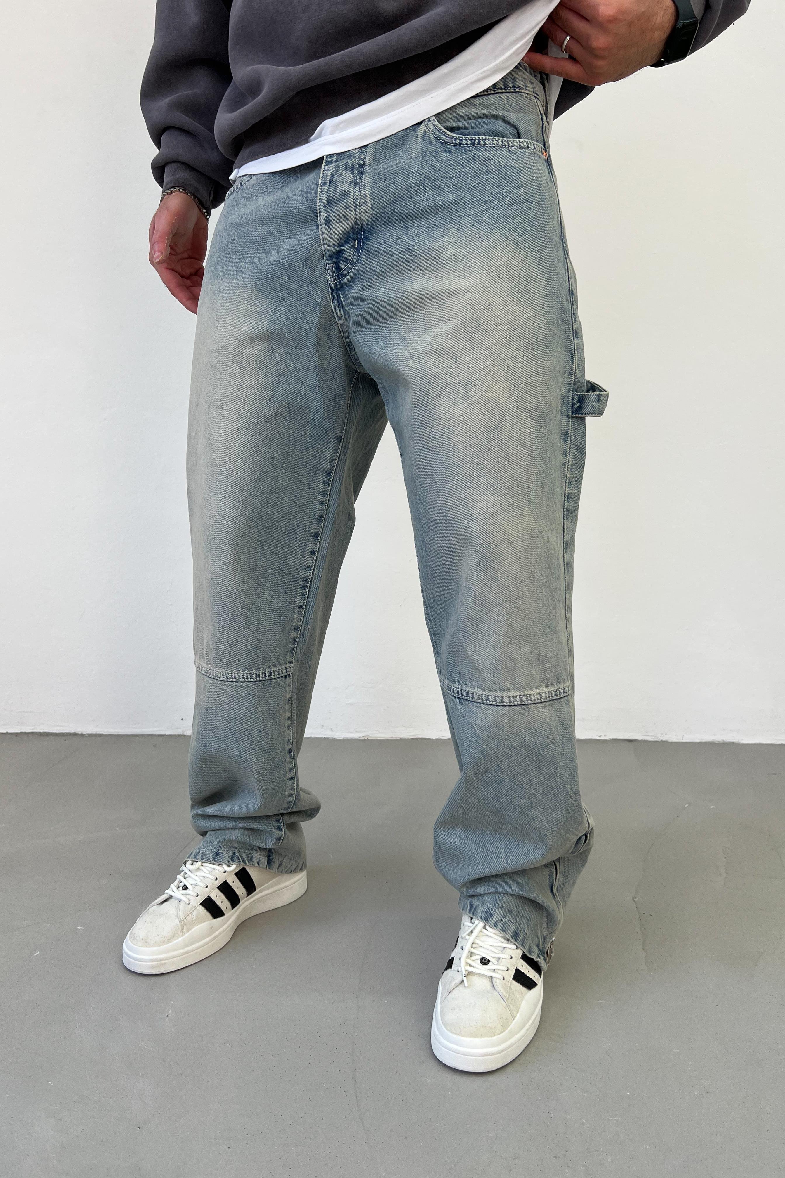 Paçası Fermuarlı Eskitme Mavi Baggy Pantolon 2884-3