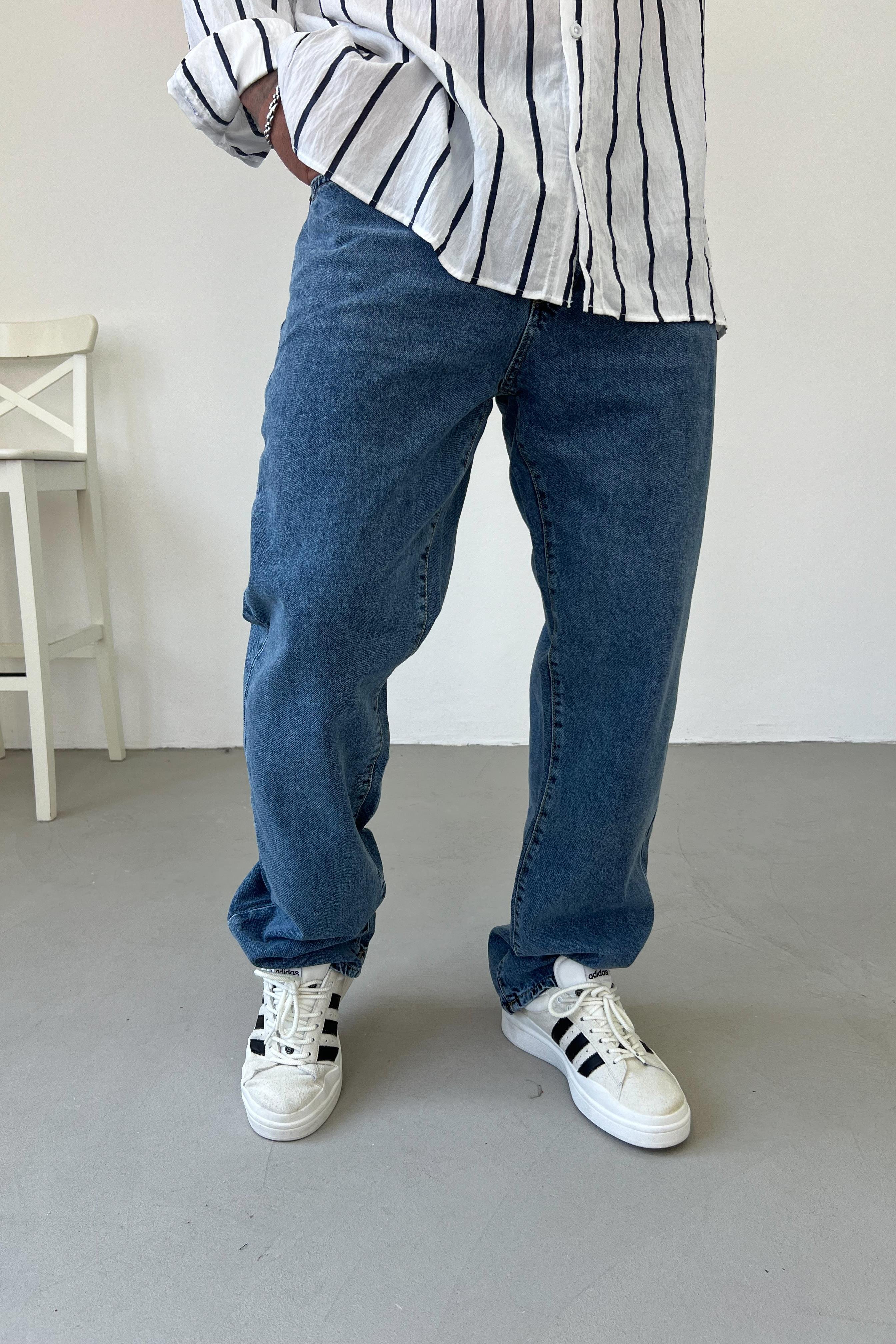 Yıkamalı Mavi Baggy Pantolon 16323-4