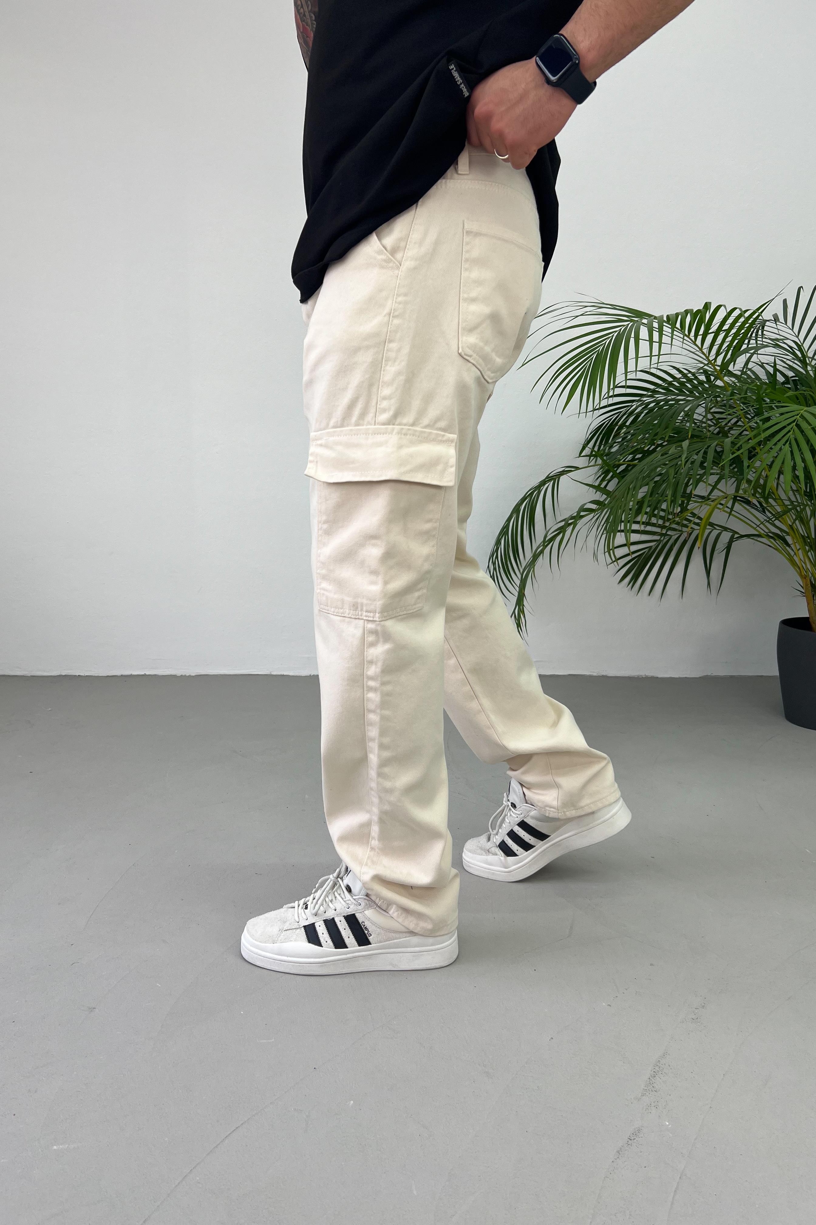 Gabardin Kumaş Bej Kargo Baggy Pantolon 2225