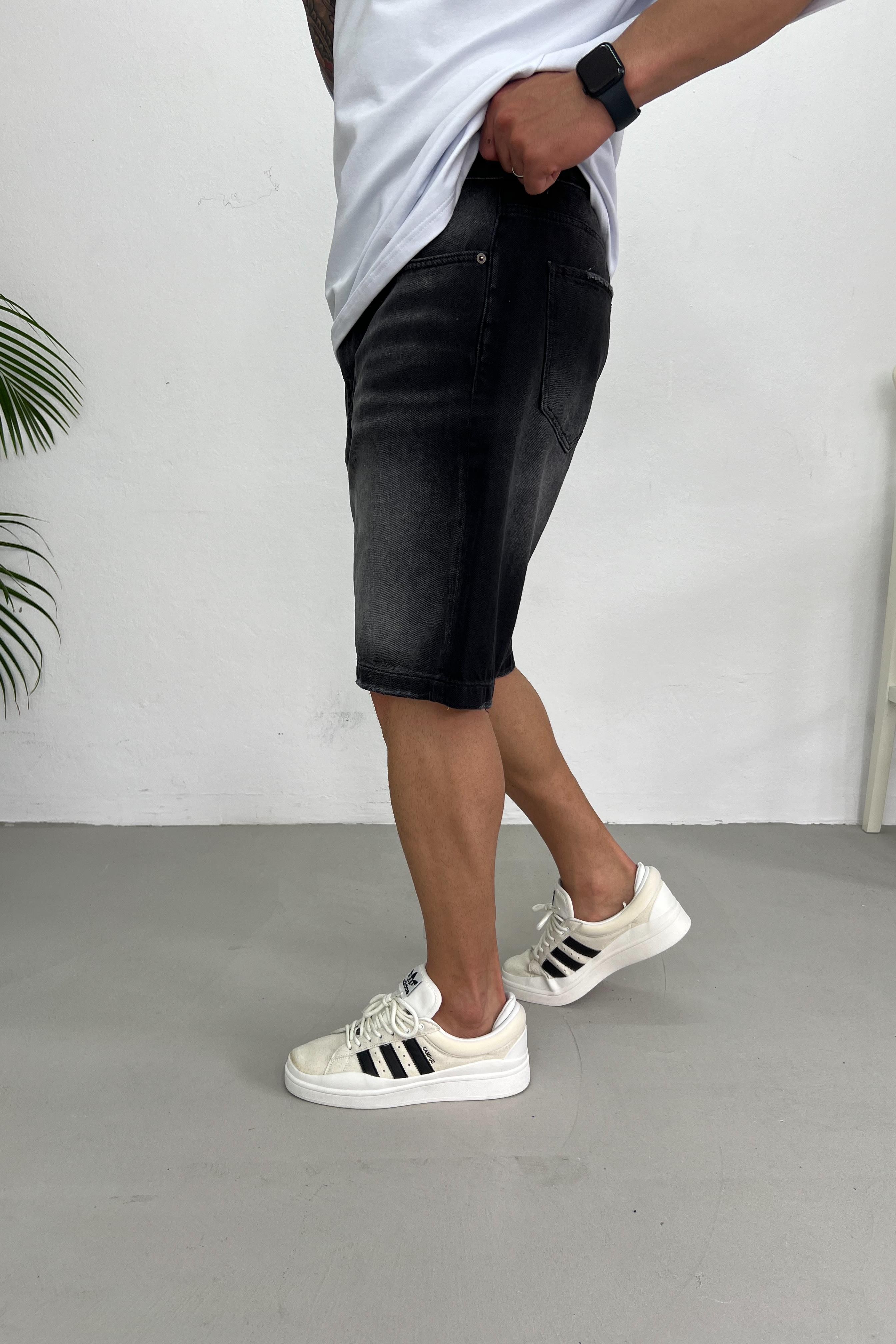 Relaxed Fit Taşlamalı Antrasit Kot Şort 304