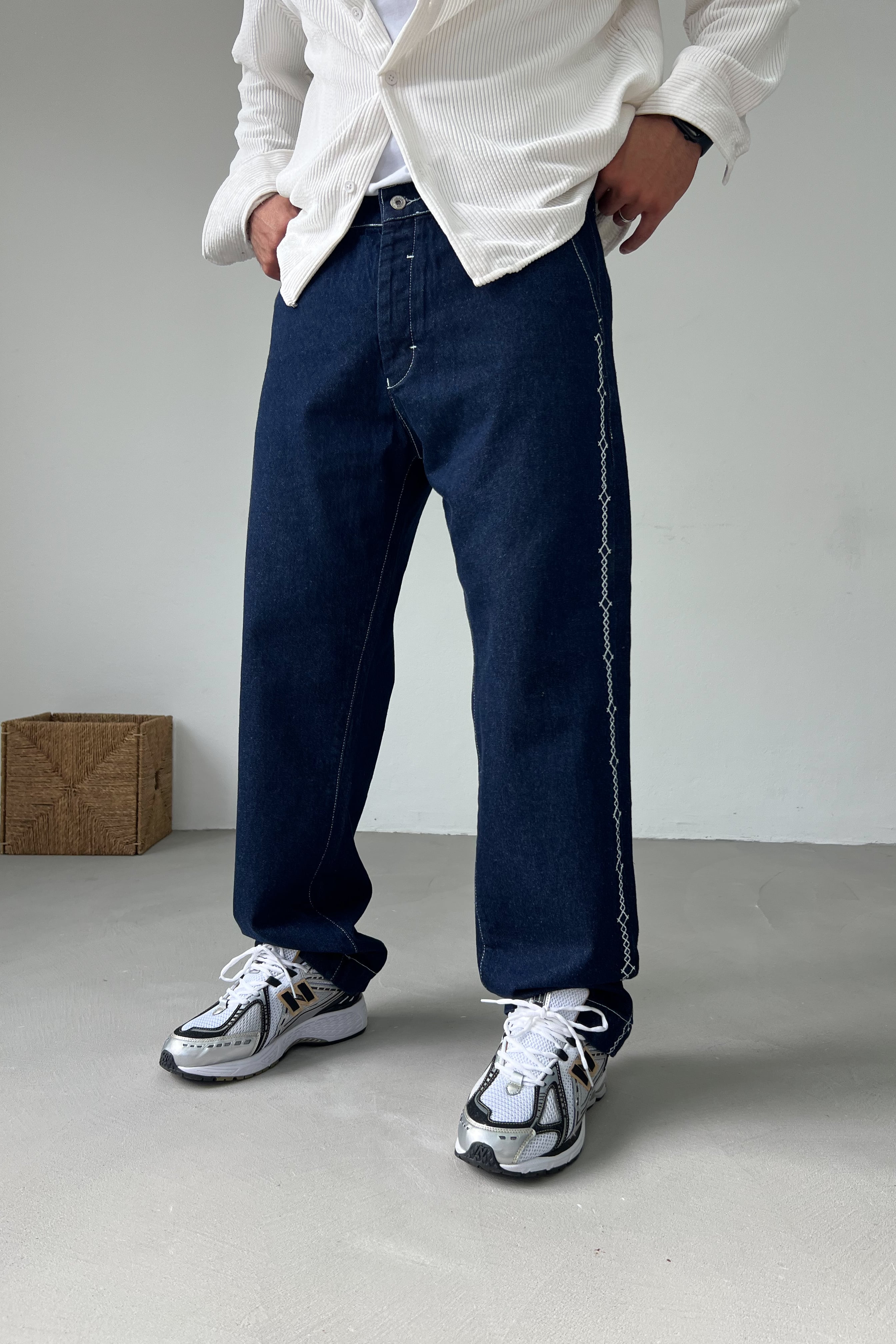 Nakış Desenli Lacivert Baggy Pantolon 3172