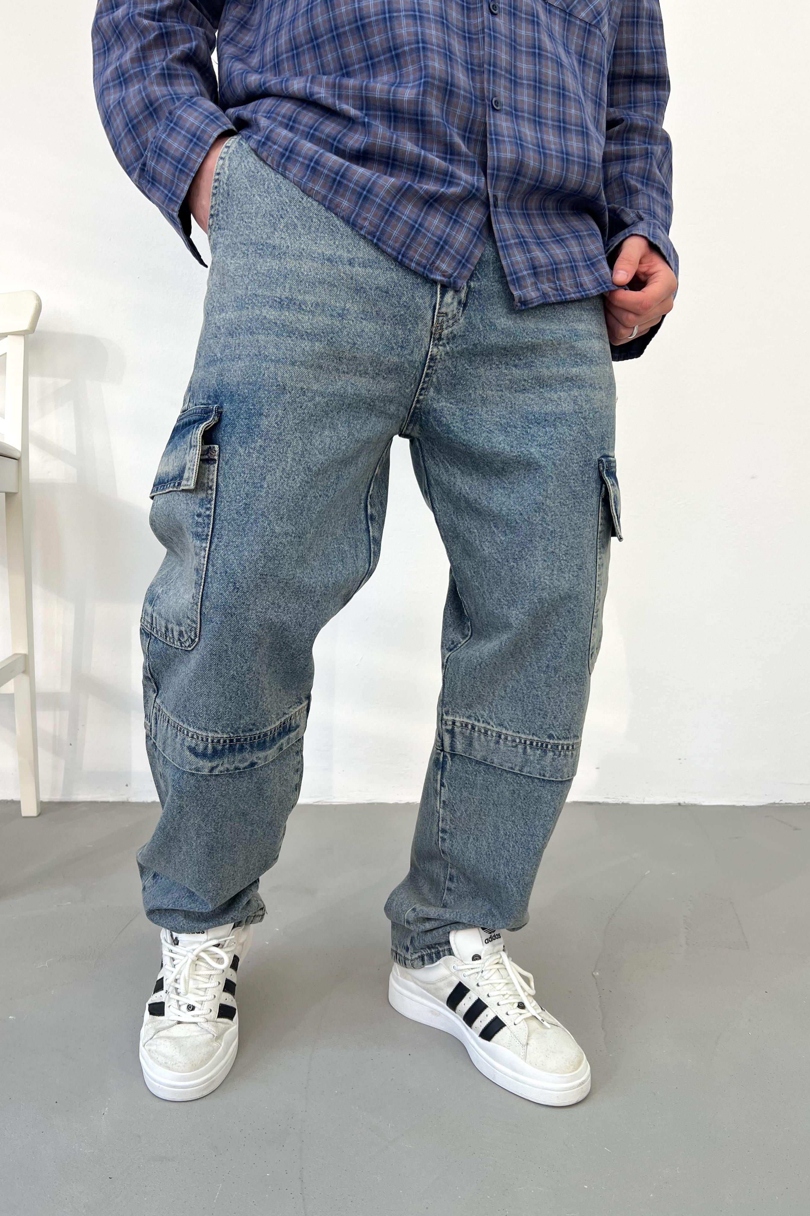 Eskitme Detaylı Mavi Kargo Baggy Pantolon 2841