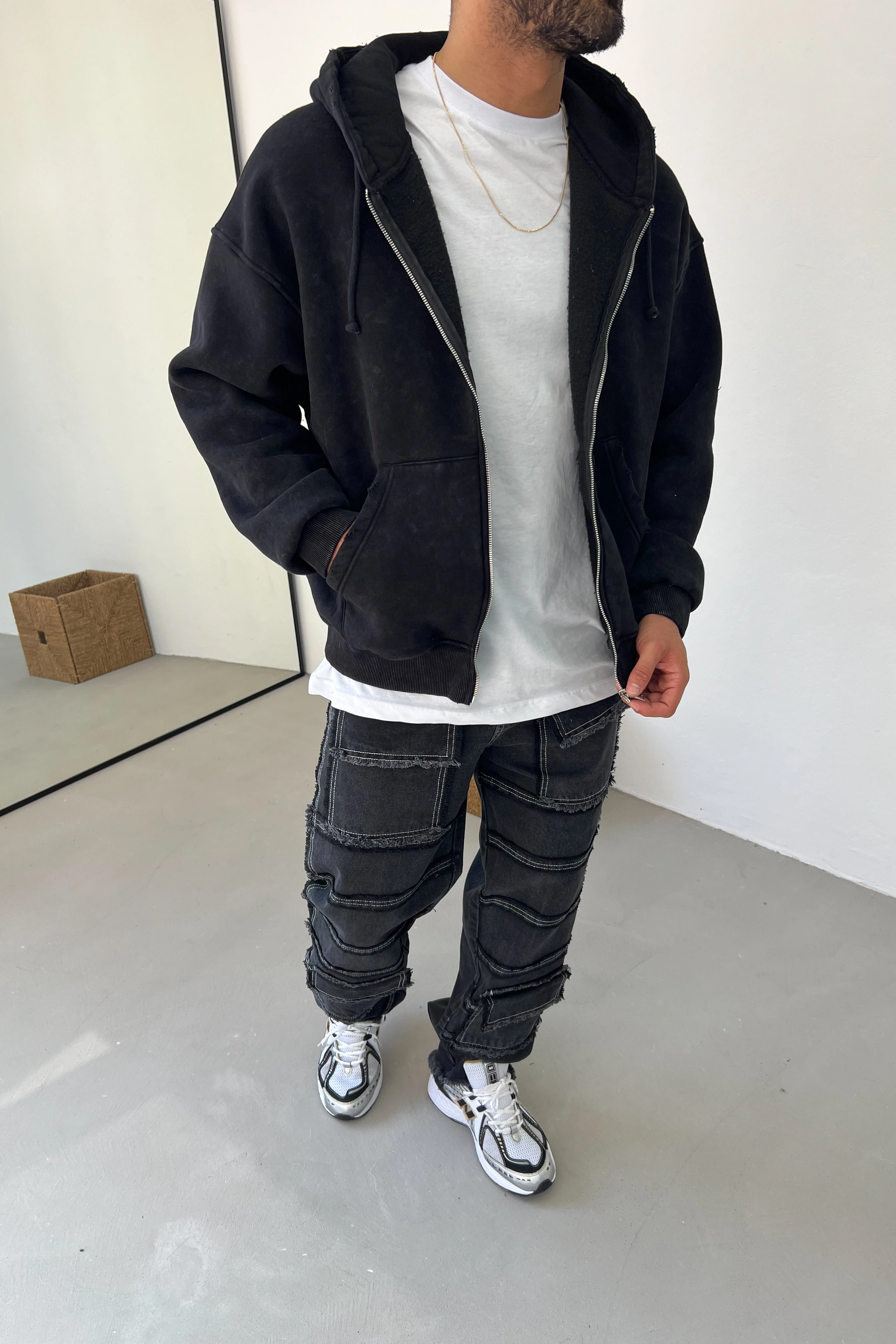 Yıkamalı Fermuarlı Oversize Kapüşonlu Sweatshirt 80-13