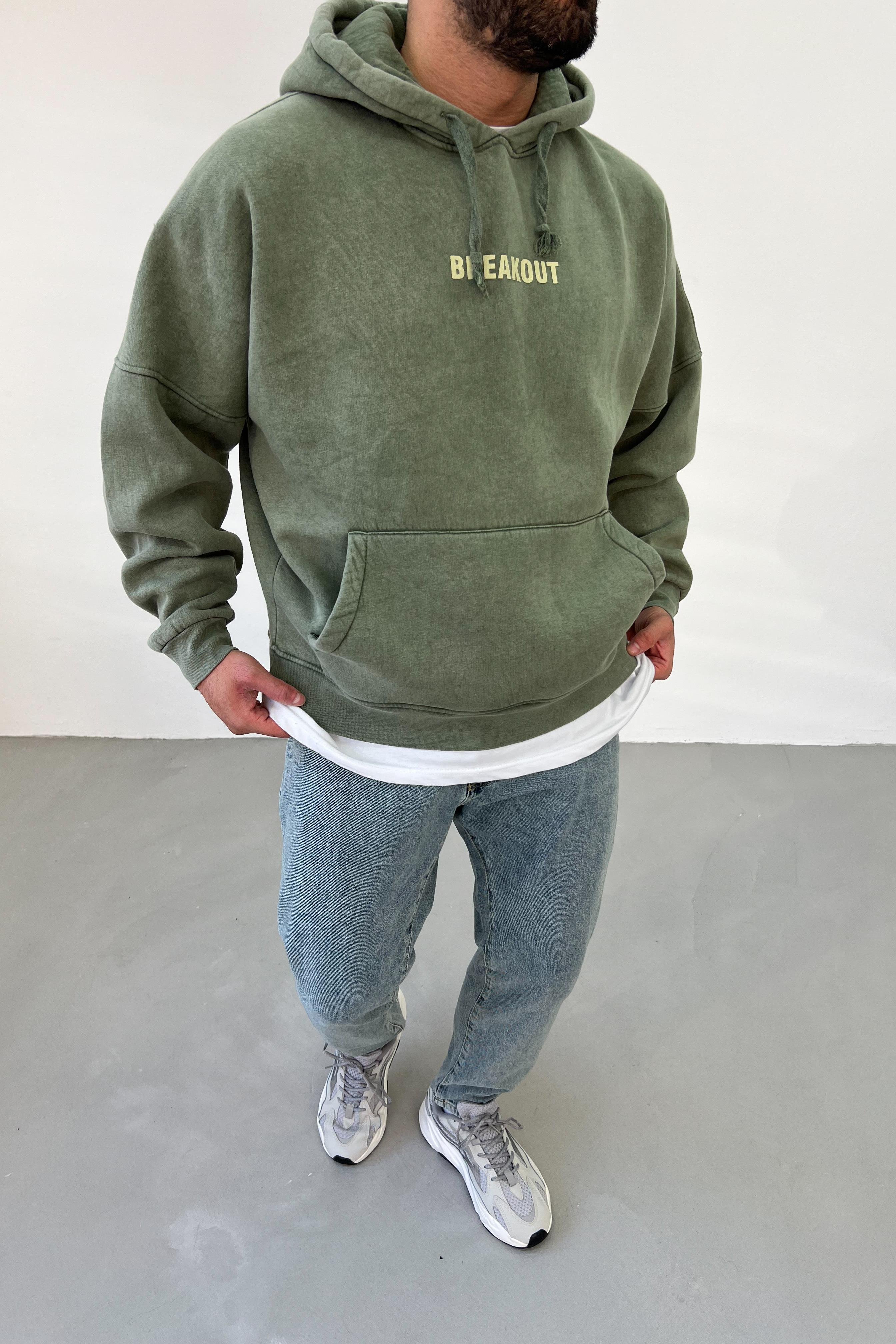 Breakout Baskılı Yıkamalı Oversize Yeşil Sweatshirt 203