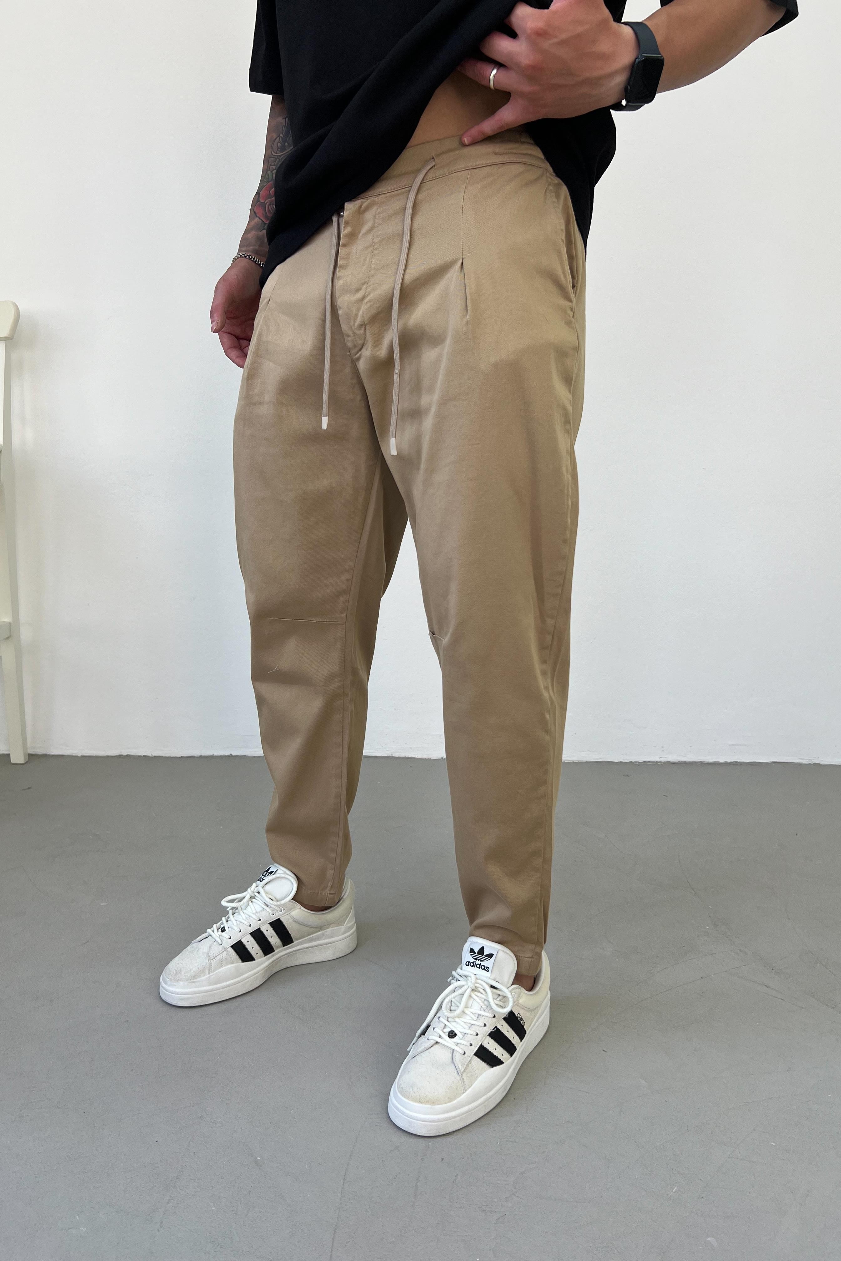 Gabardin Kumaş Beli Bağcıklı Kahve Pantolon 2344-1
