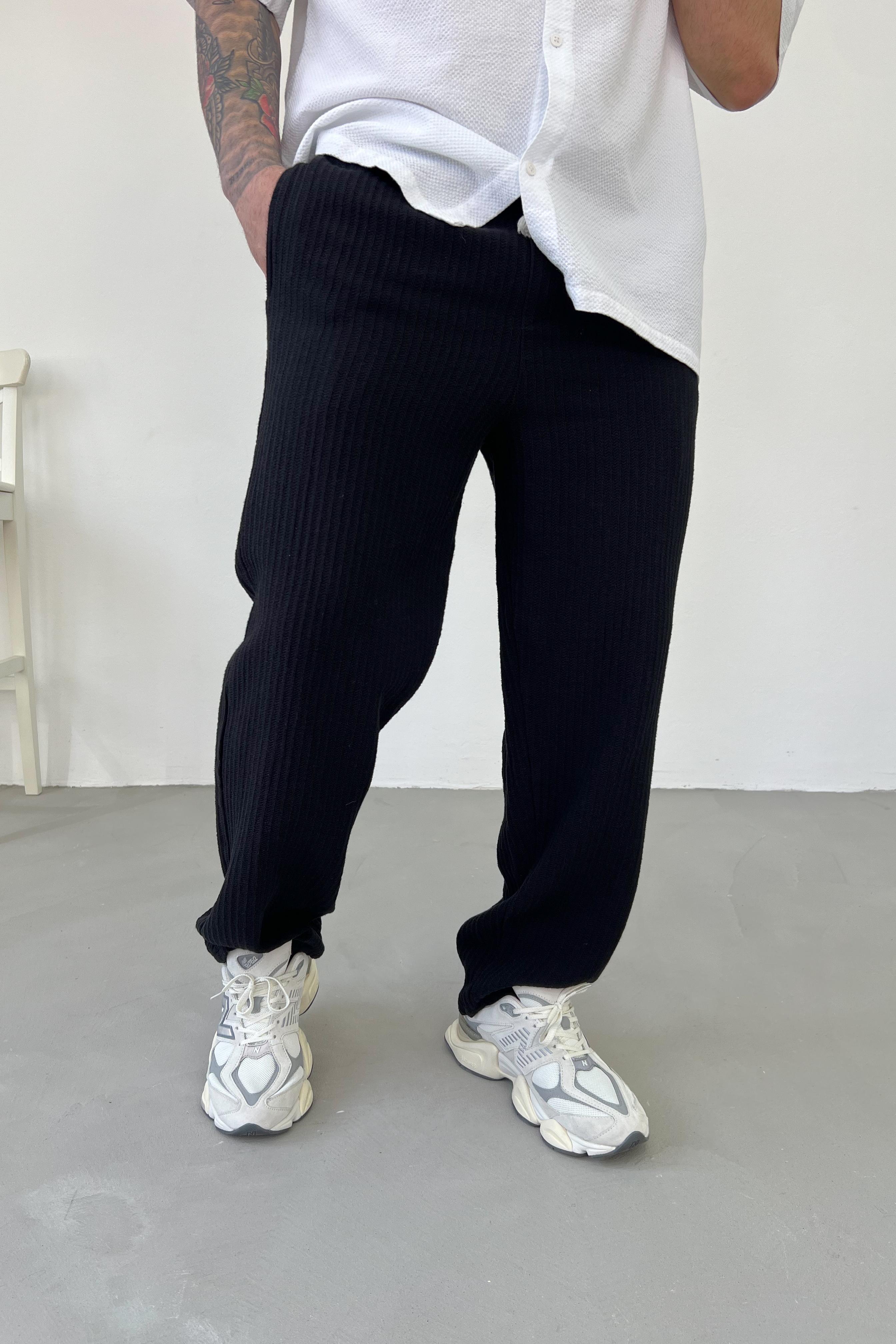 Örme Kumaş Keten Baggy Pantolon 206 - Siyah