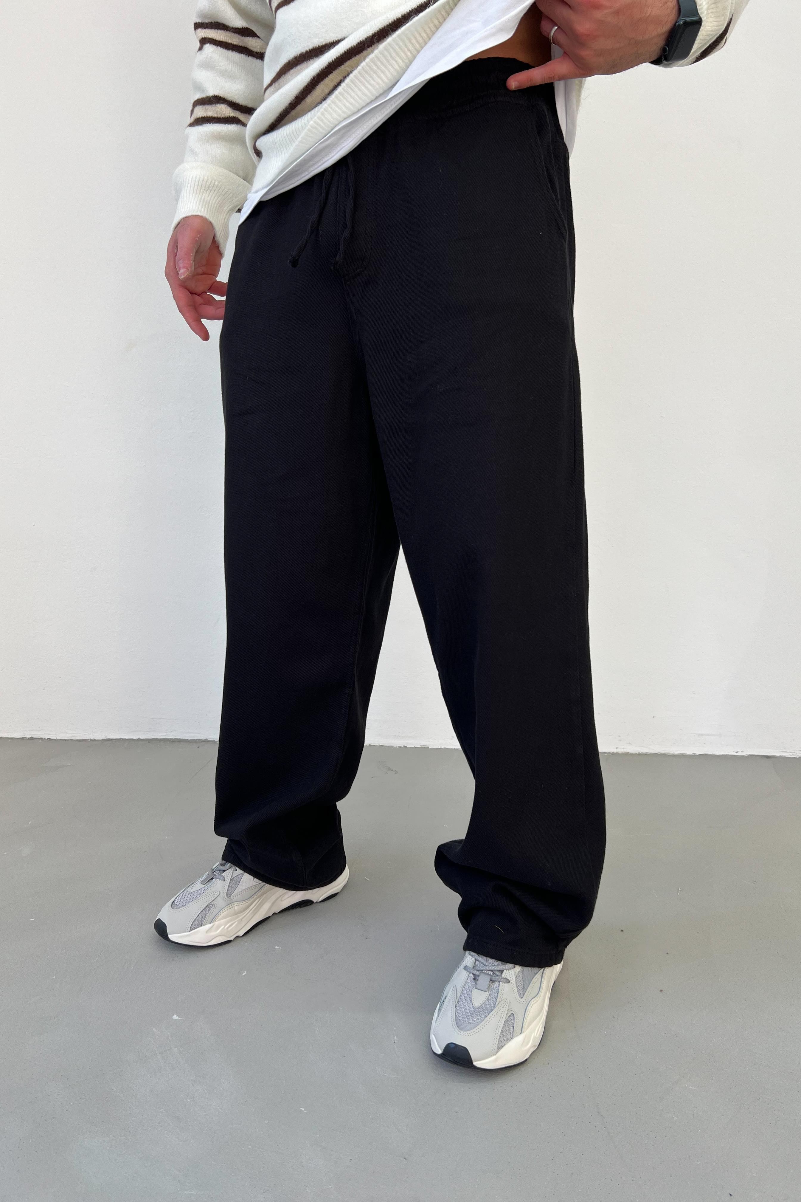 Beli Lastikli Gabardin Kumaş Siyah Baggy Pantolon 2870-1