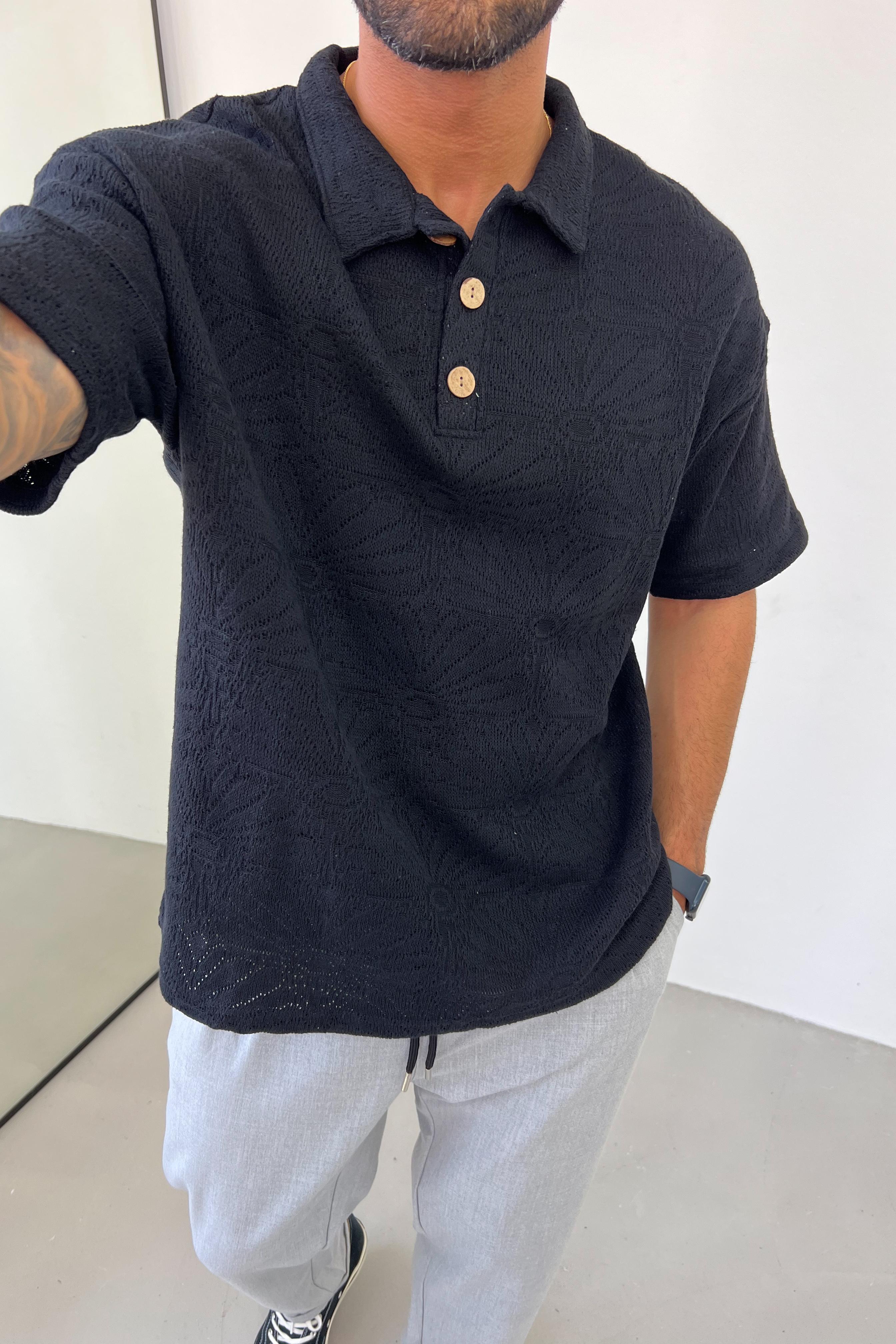 Polo Yaka Örme Triko Tshirt 7017 - Siyah