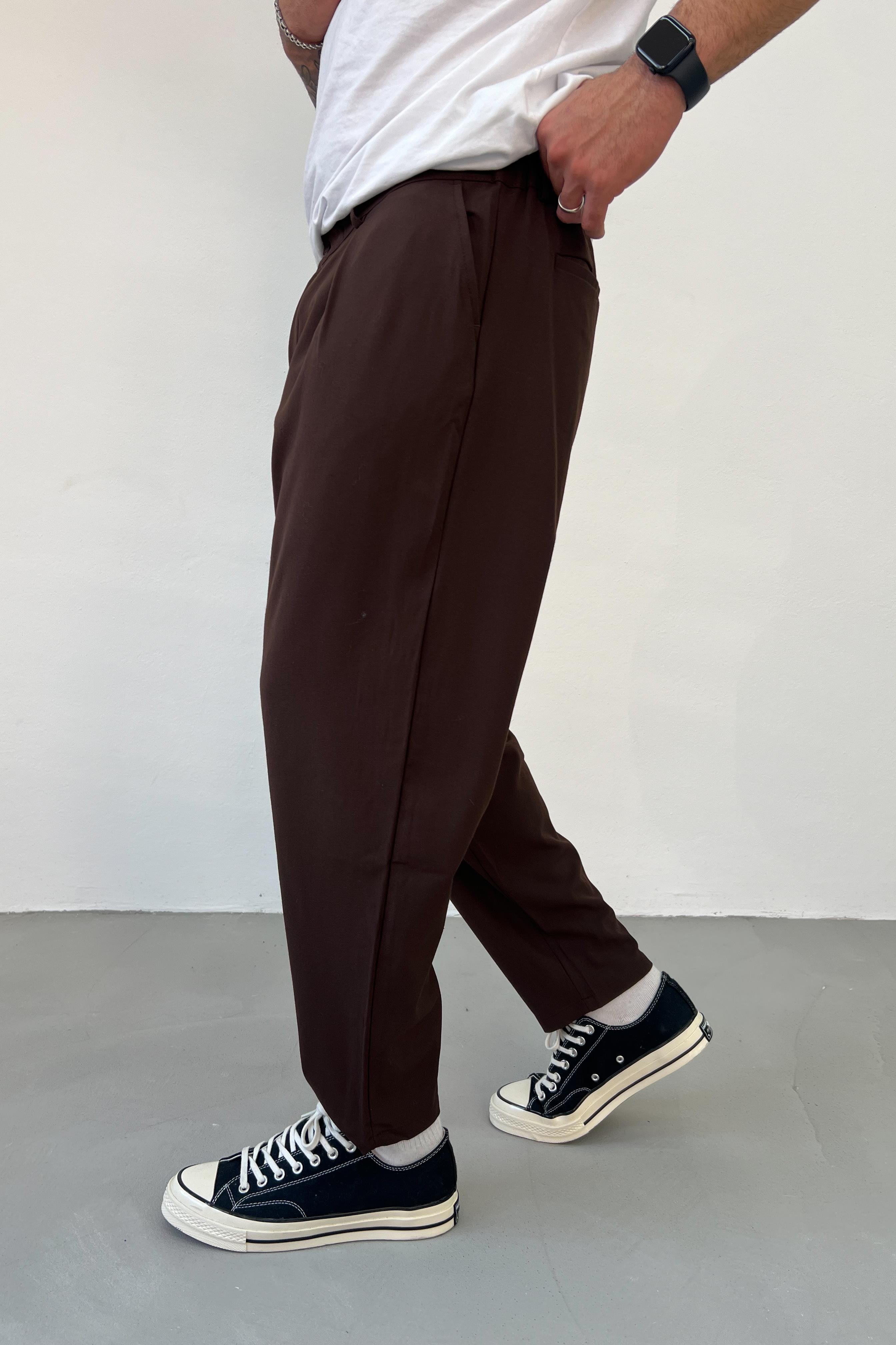 Pileli Kahve Boyfriend Kumaş Pantolon 5029