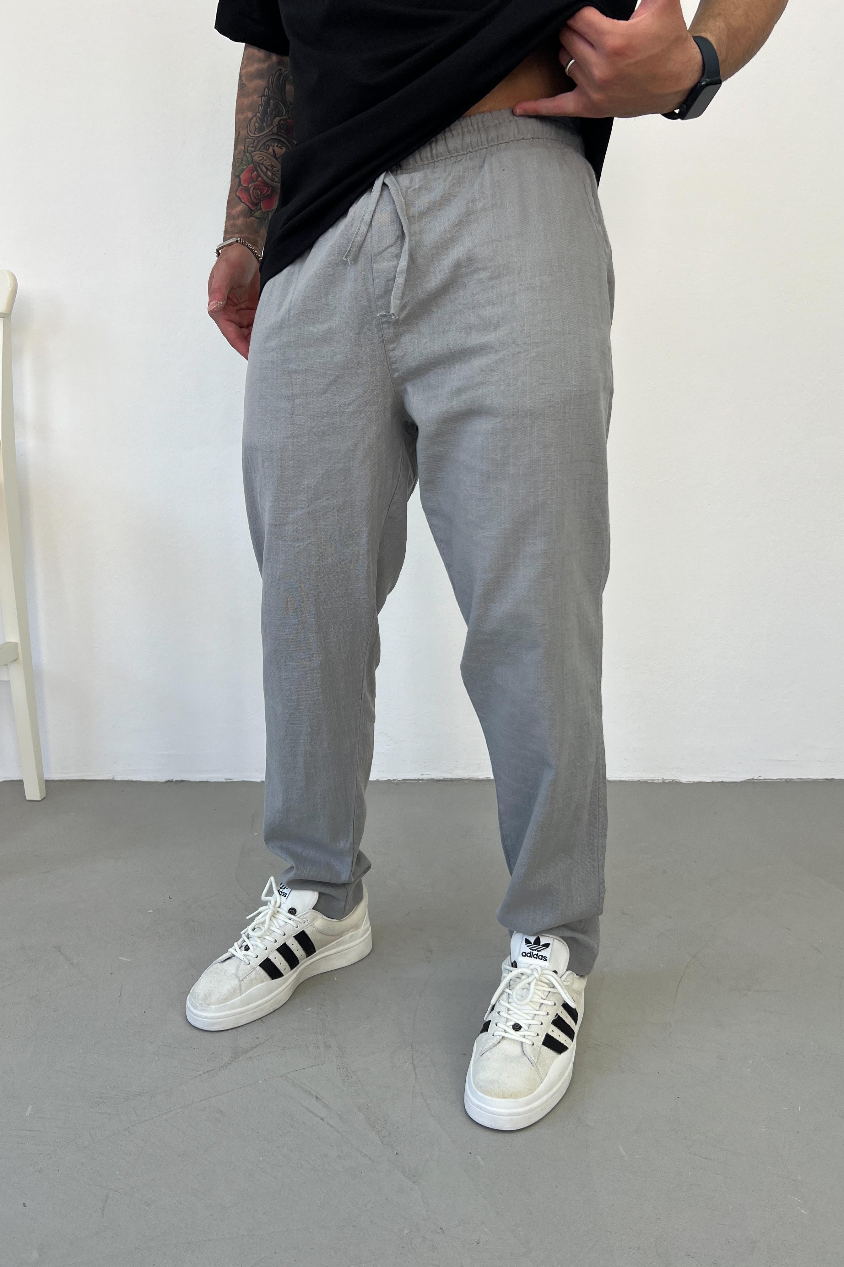 Beli Lastikli Gri Keten Pantolon 4038