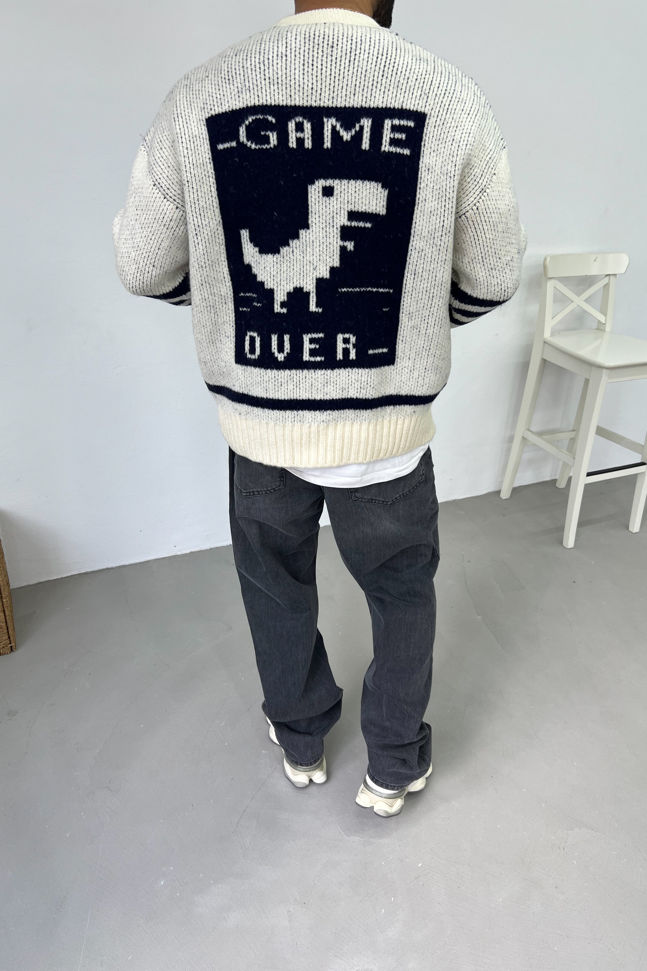 Game Over Baskılı Oversize Kazak 3316 - Ekru