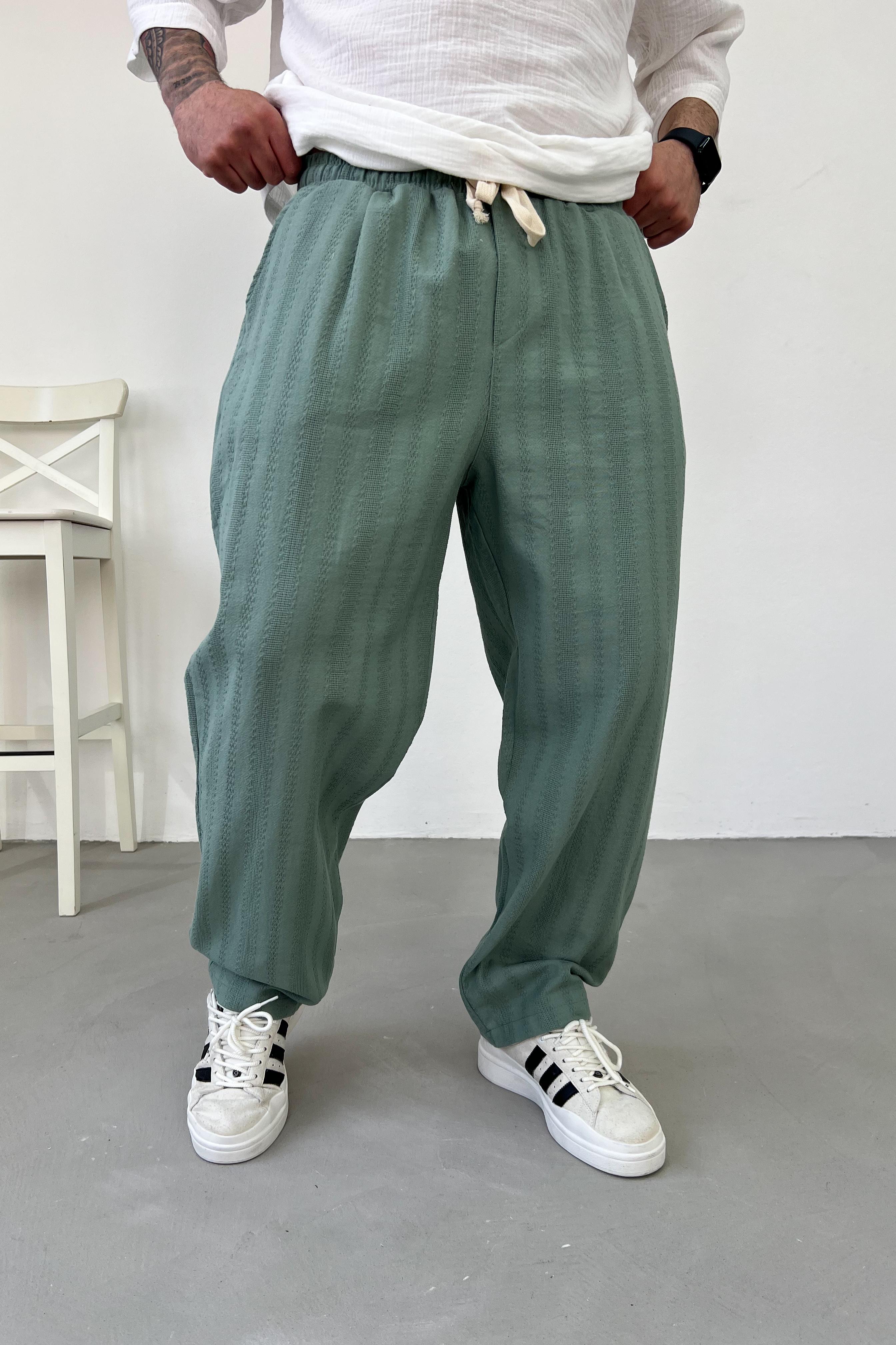 Örme Kumaş Keten Baggy Pantolon 206 - Yeşil