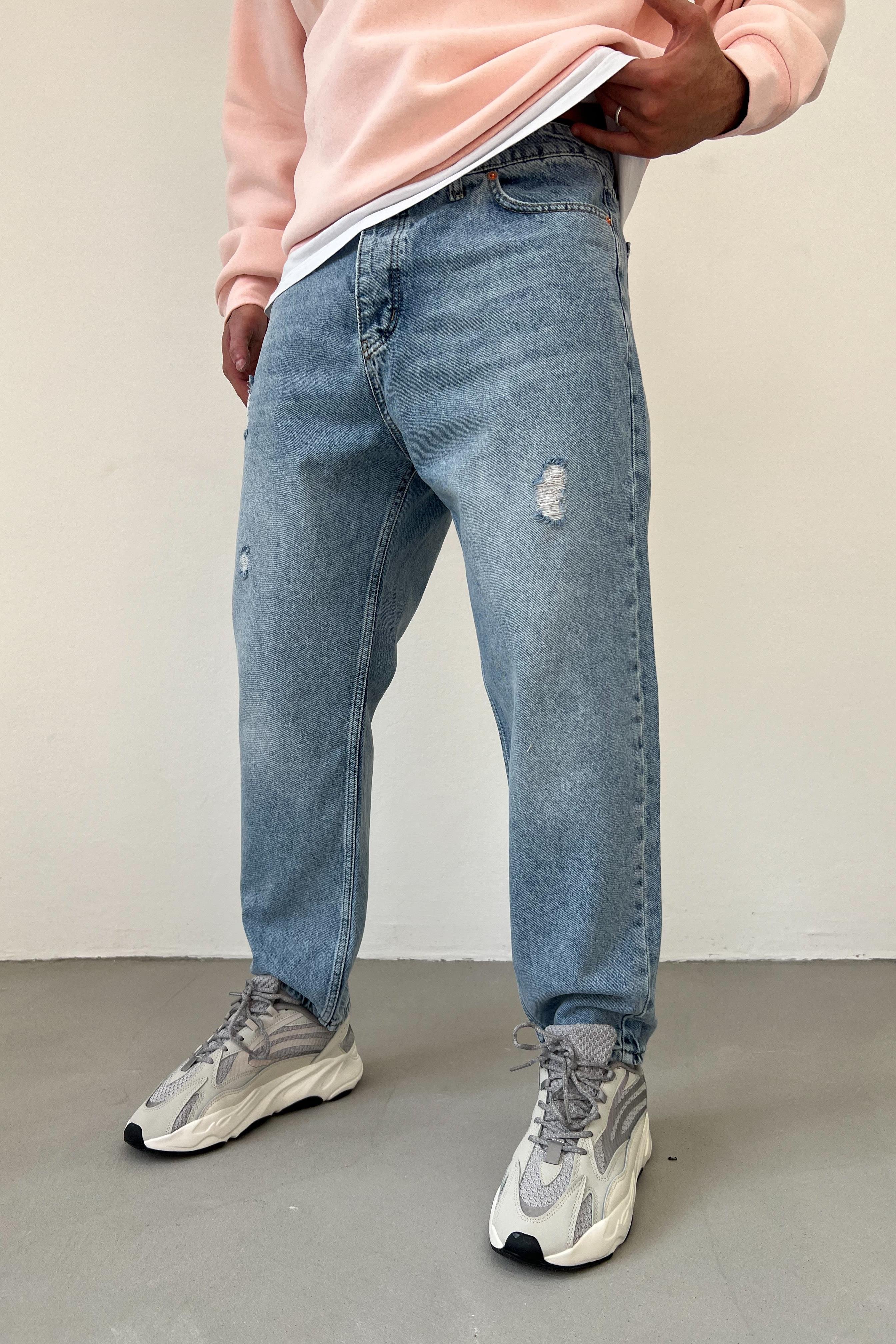 Yırtık Detaylı Taşlamalı Buz Mavi Boyfriend Pantolon 2766-1