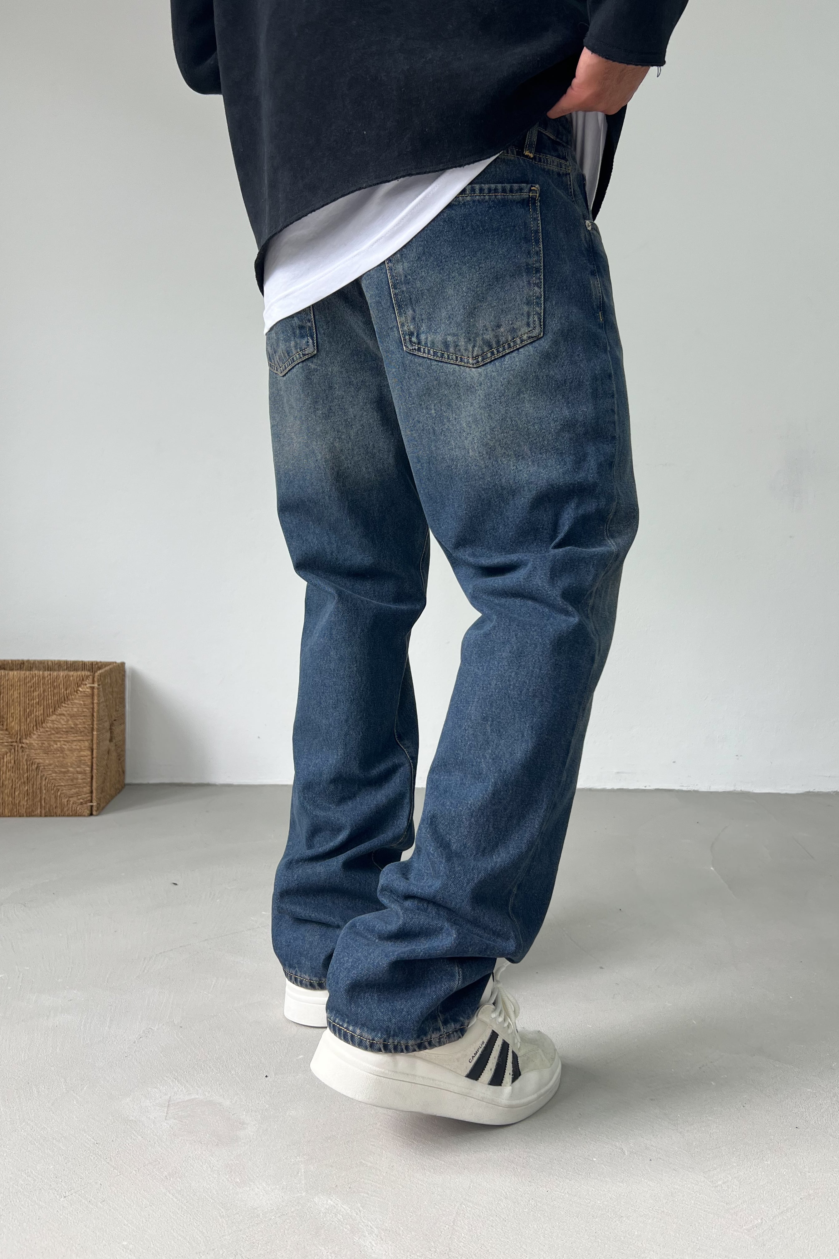 Taşlamalı Koyu Mavi Baggy Pantolon 16902-2
