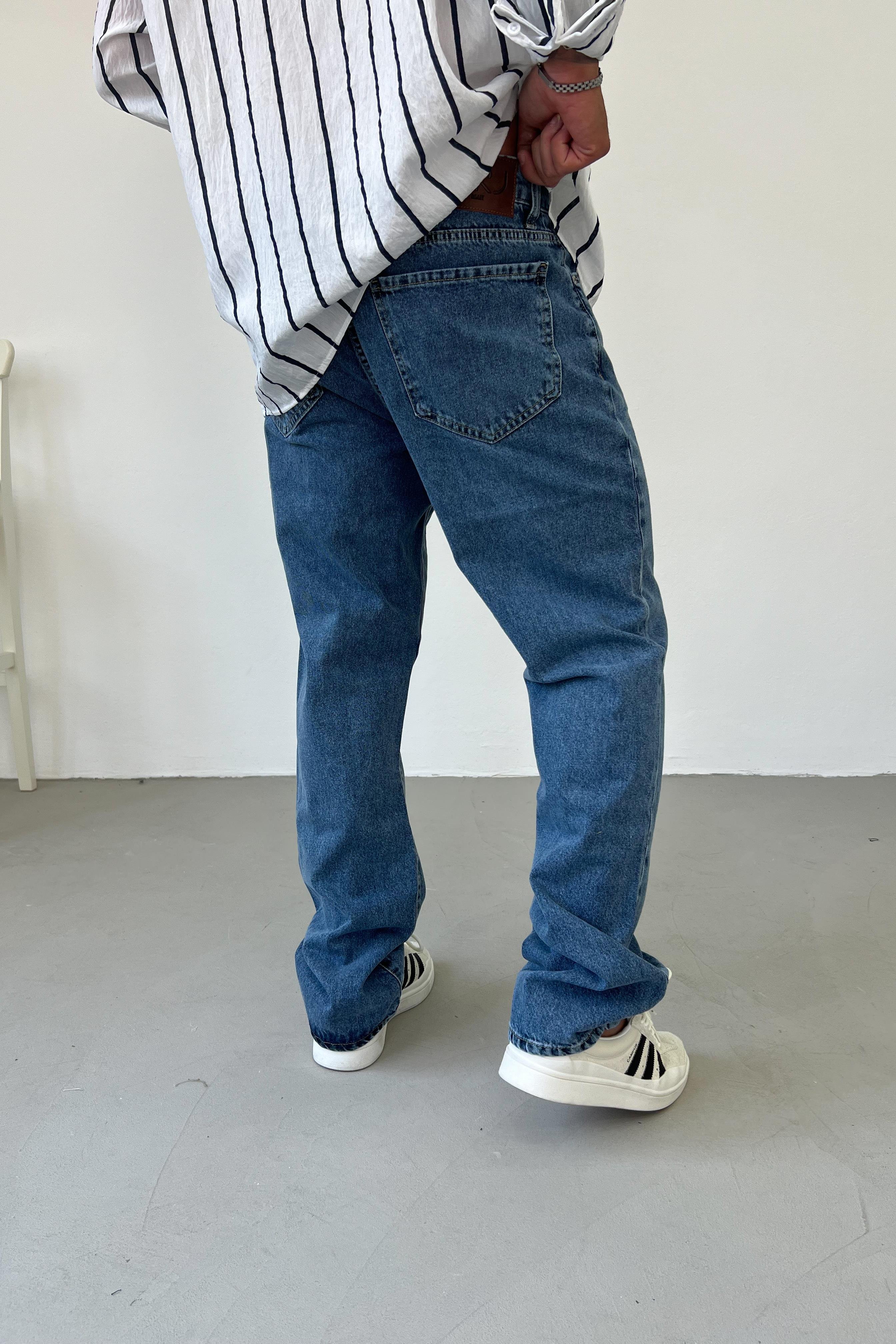 Yıkamalı Mavi Baggy Pantolon 16323-4