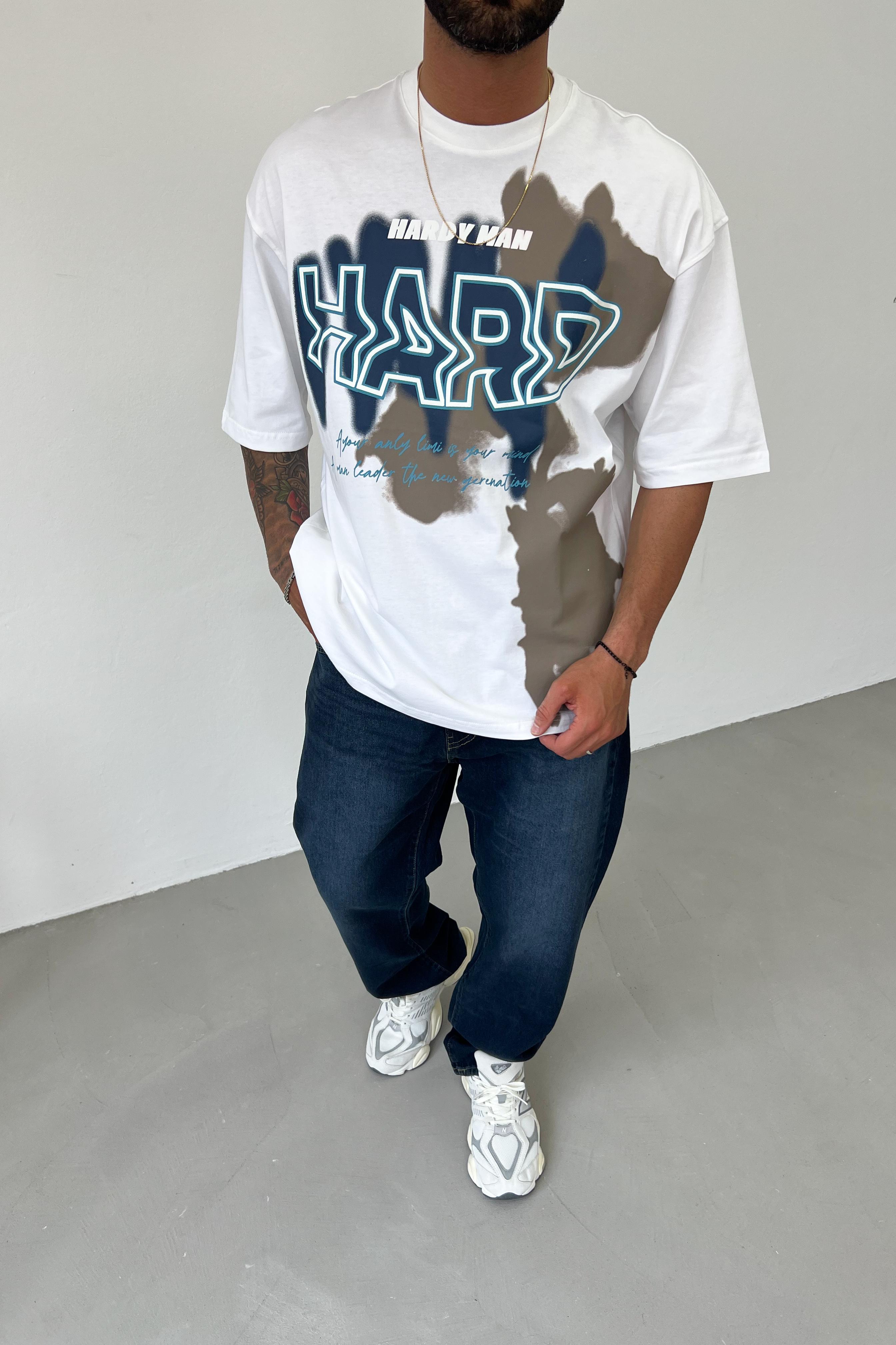 Hardy Man Baskılı Oversize Tshirt Y2501 - Beyaz