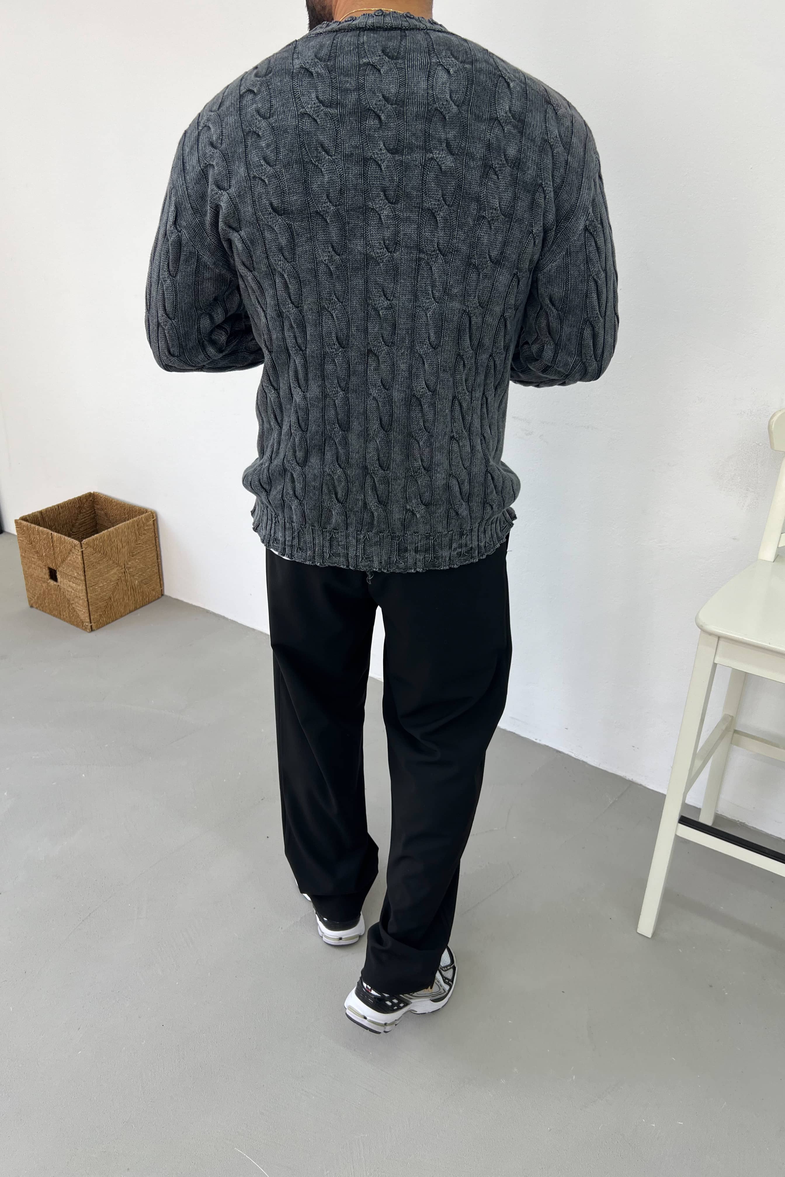 Yıkamalı Örgü Desenli Oversize Triko 2618