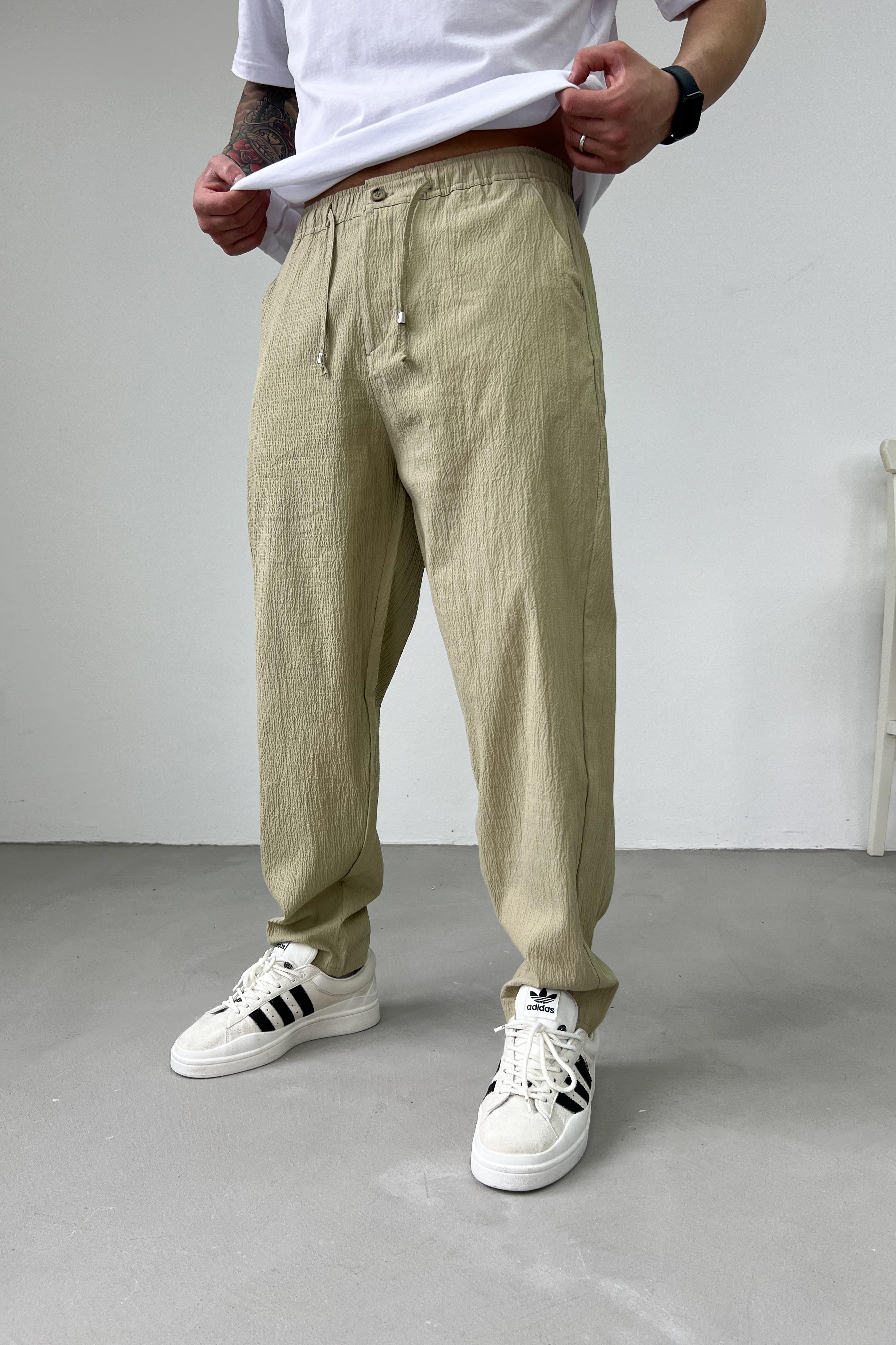 Beli İp Detaylı Gofre Kumaş Baggy Pantolon 5058