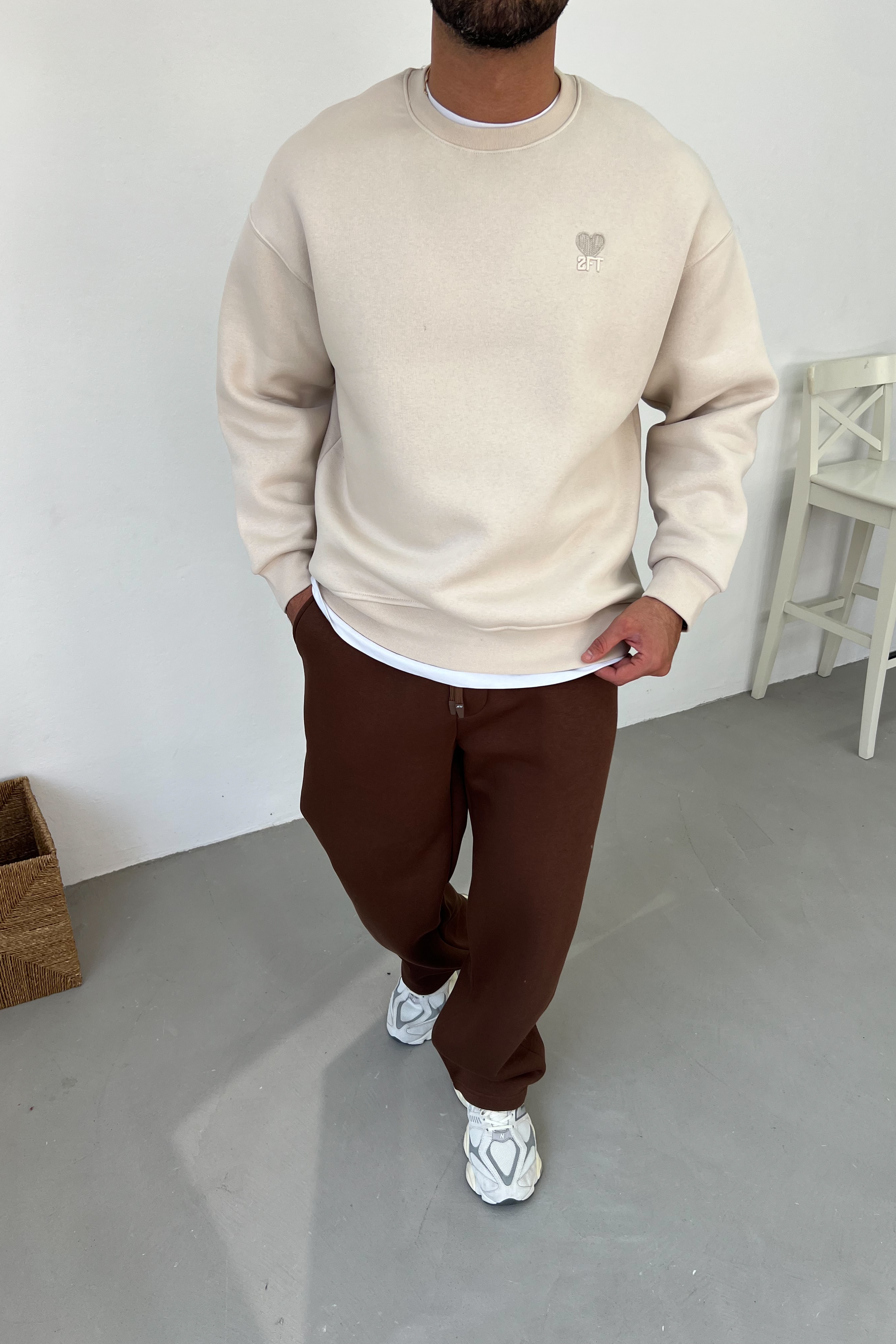 2FT Nakışlı Oversize Basic Sweatshirt 7080 - Bej