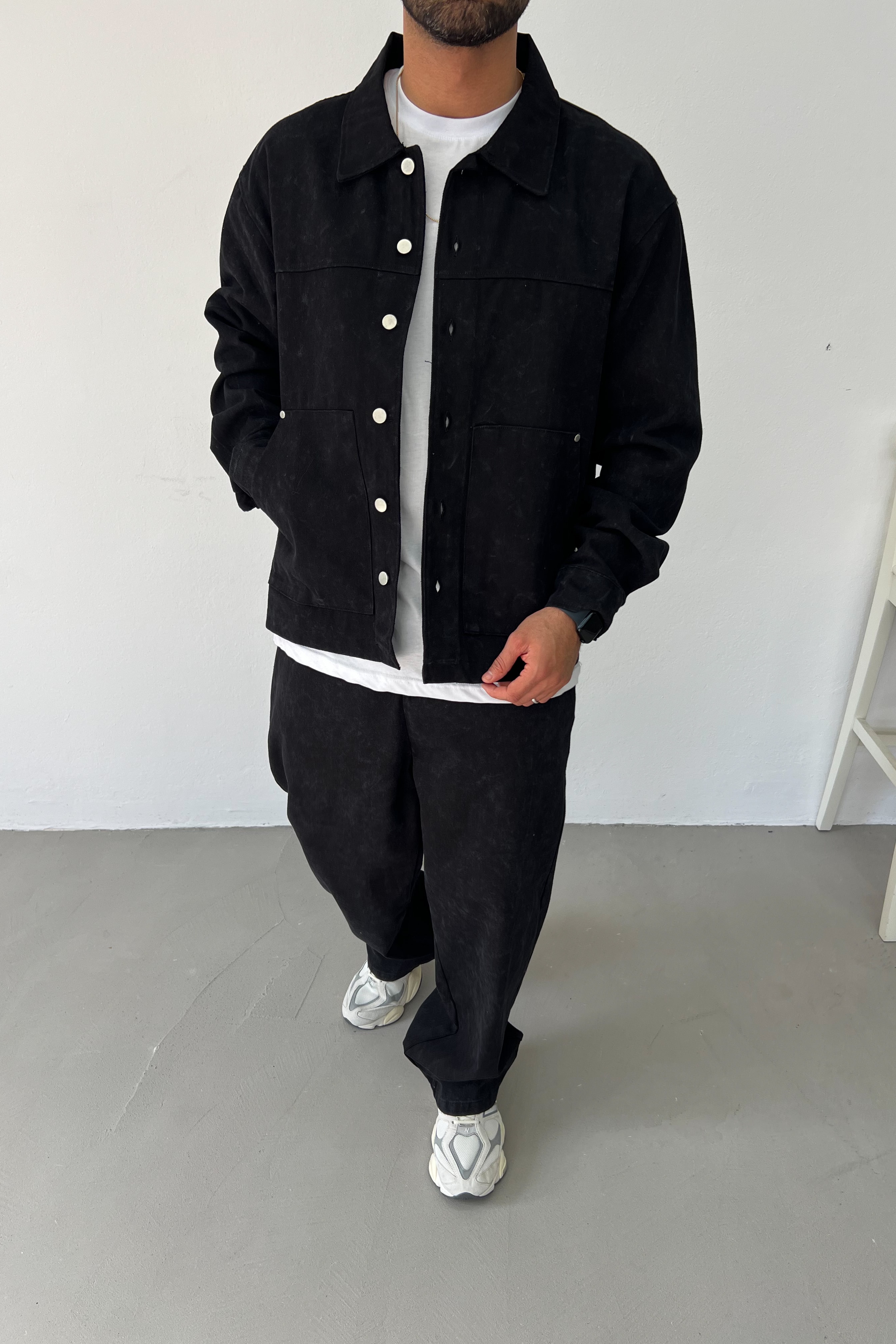 Yıkamalı Basic Oversize Kot Takım 90-04 - Siyah